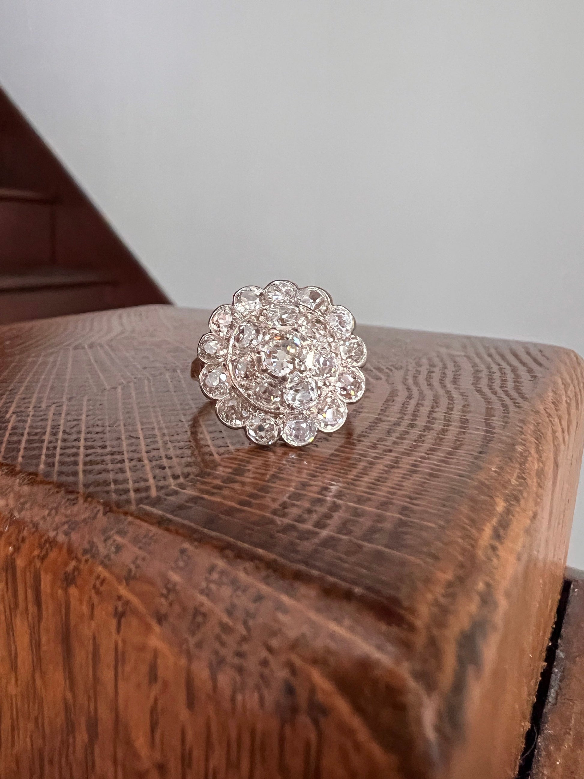 Large FRENCH Antique 2.5 Carat + 21 Old Mine Cut DiAMOND Cluster RiNG 18k Gold Daisy Halo Stacker Romantic Gift Floral OMC Belle Epoque XL