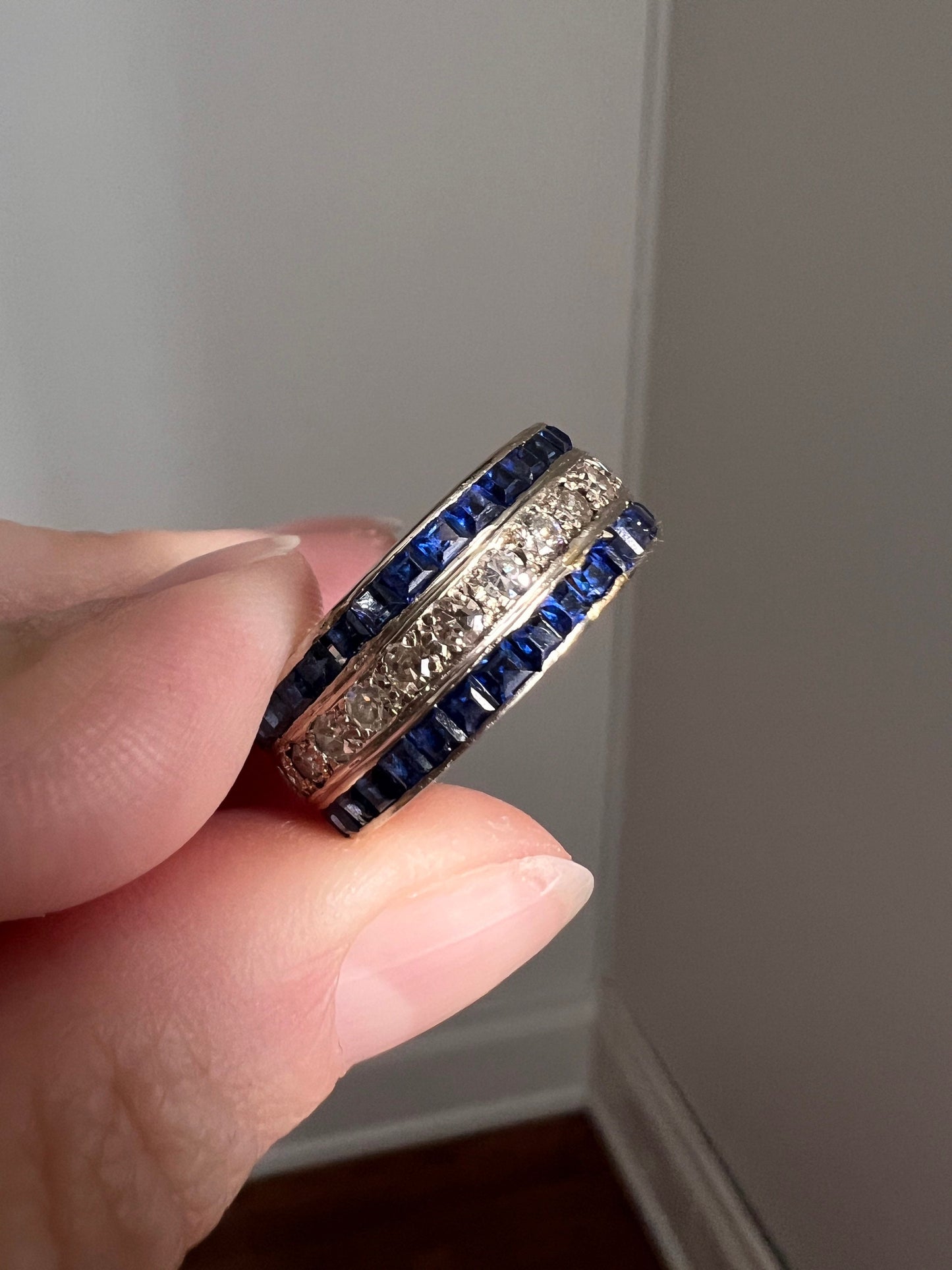 FRENCH Antique Carre Cut SAPPHIRE 26 Old Single Cut Diamond .75ctw FuLL ETERNiTY Band Ring 18k White Gold Chunky Wedding Stacker Unique Gift