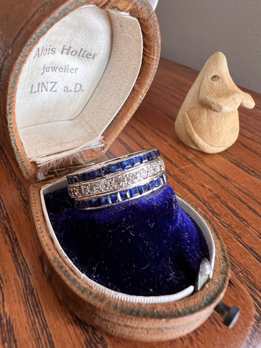 FRENCH Antique Carre Cut SAPPHIRE 26 Old Single Cut Diamond .75ctw FuLL ETERNiTY Band Ring 18k White Gold Chunky Wedding Stacker Unique Gift