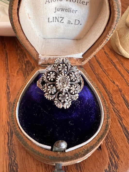 1800s Antique Portuguese FLOWER Ring Old Mine Rose Cut DIAMONDS 19k GOLD & Silver Collet Set Belle Epoque Ornate Romantic Gift Stacker 18k