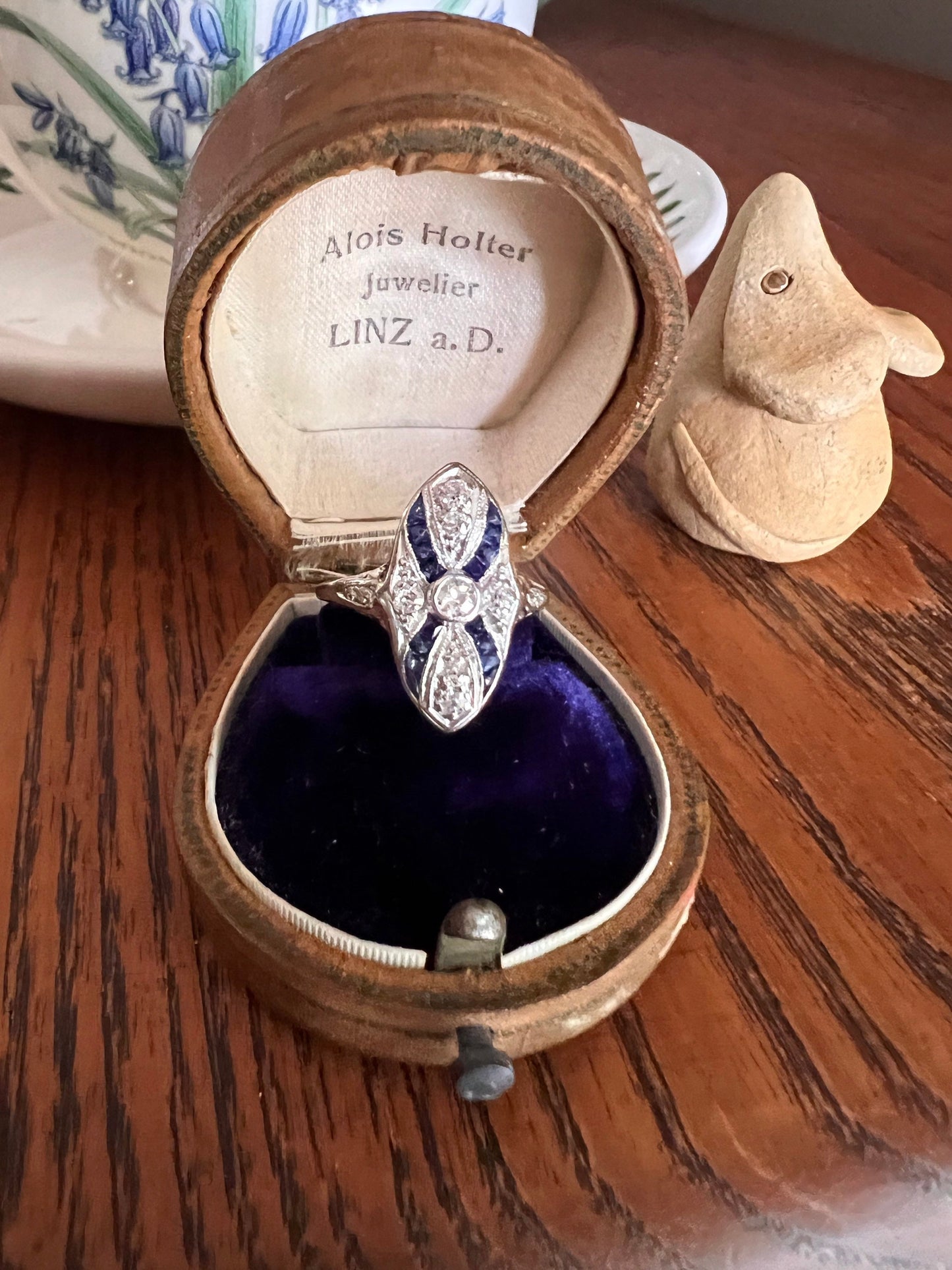 Geometric PLATINUM Antique NAVETTE Ring Natural SAPPHiRE 11 Old Mine Cut DIAMONDS Tall Ornate Filigree Romantic Gift Belle Époque Edwardian