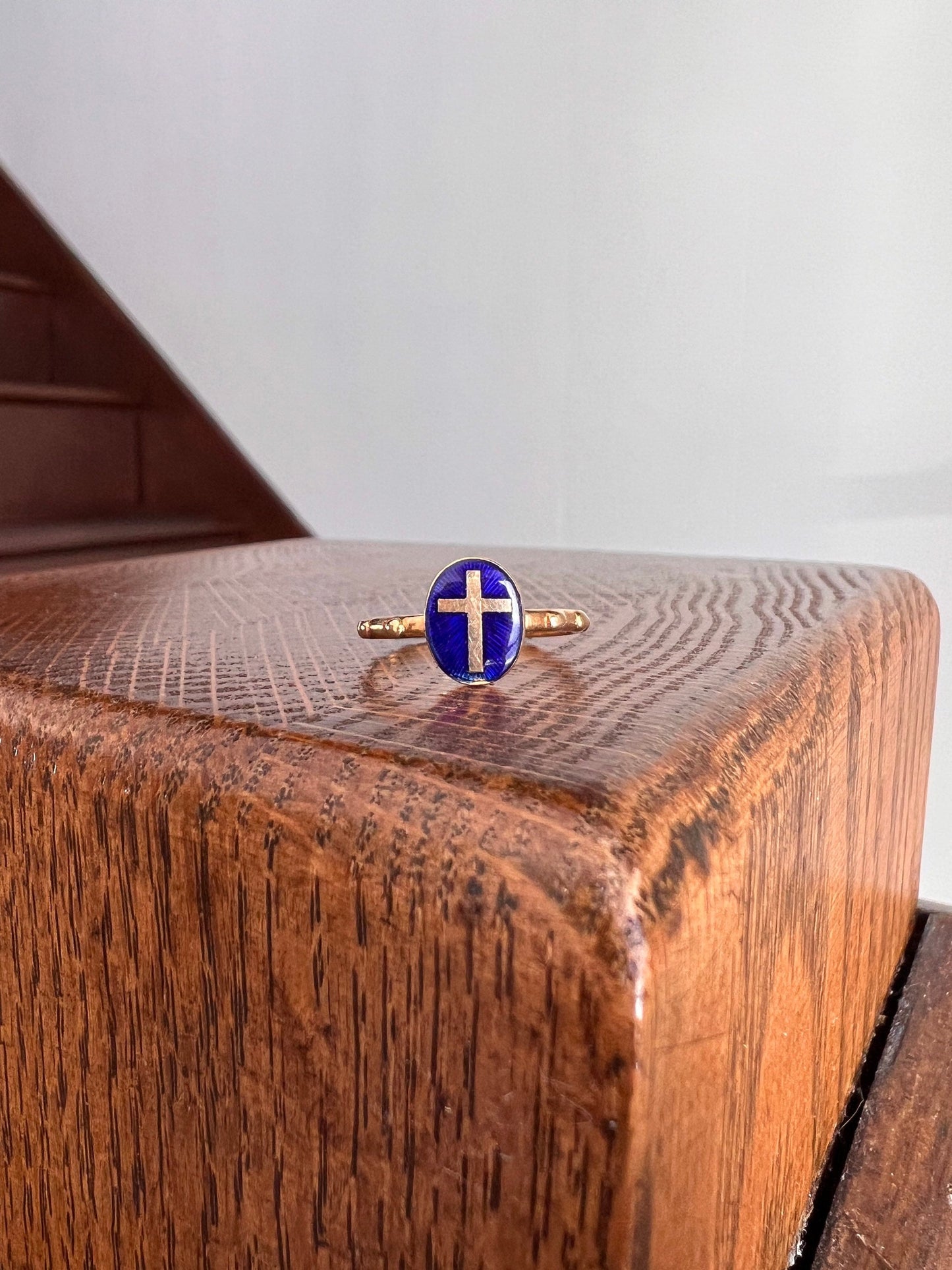 French VICTORIAN Antique ROSARY Ring 18k Gold Cobalt Blue ENAMEL Cross Riveted Stacker Band OOaK Gift Belle Epoque Religious Minimalist Rare