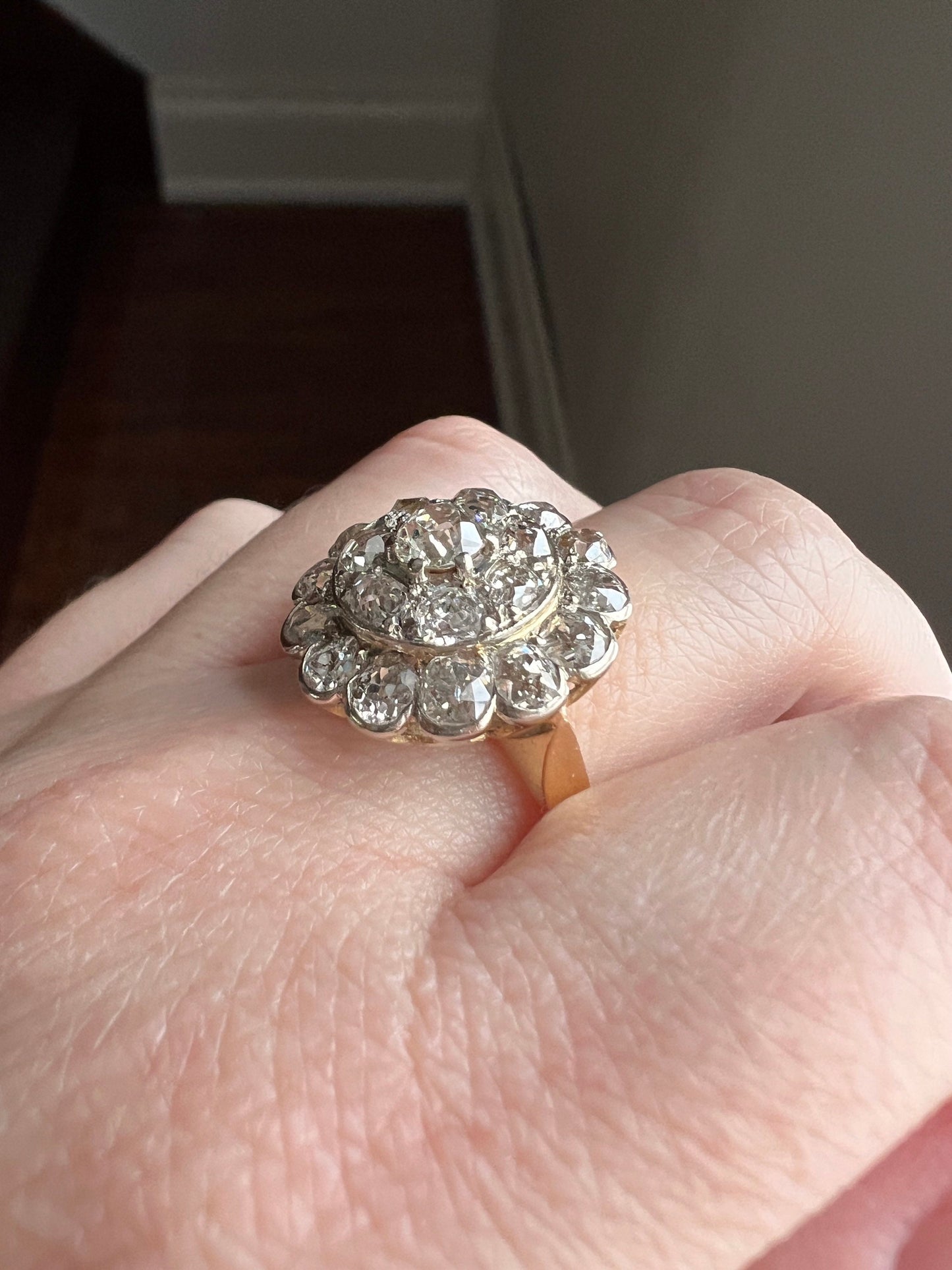 Large FRENCH Antique 2.5 Carat + 21 Old Mine Cut DiAMOND Cluster RiNG 18k Gold Daisy Halo Stacker Romantic Gift Floral OMC Belle Epoque XL