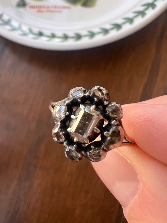 TABLE Cut DIAMOND Cluster French GEORGIAN Era Antique Ring Rose Cut 18k Gold Silver Collets Foiled Closed Back Scarce Romantic Gift 1700s