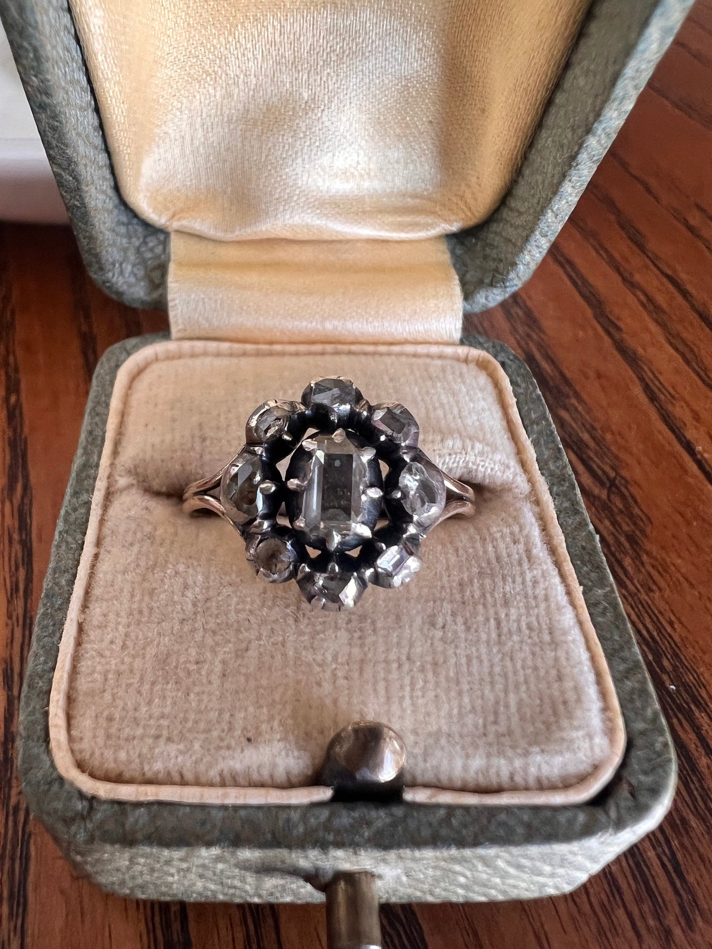 TABLE Cut DIAMOND Cluster French GEORGIAN Era Antique Ring Rose Cut 18k Gold Silver Collets Foiled Closed Back Scarce Romantic Gift 1700s