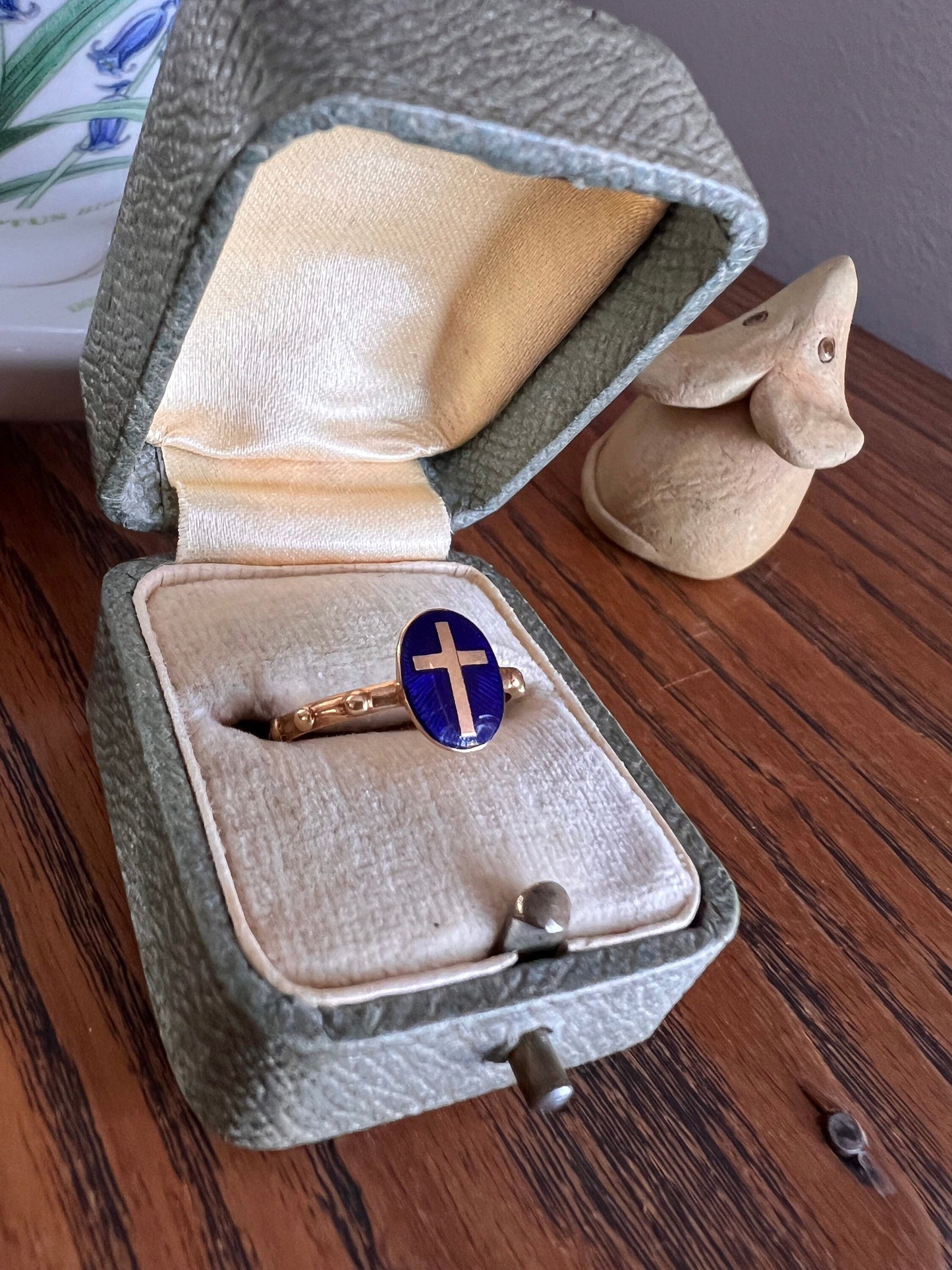 French VICTORIAN Antique ROSARY Ring 18k Gold Cobalt Blue ENAMEL Cross Riveted Stacker Band OOaK Gift Belle Epoque Religious Minimalist Rare