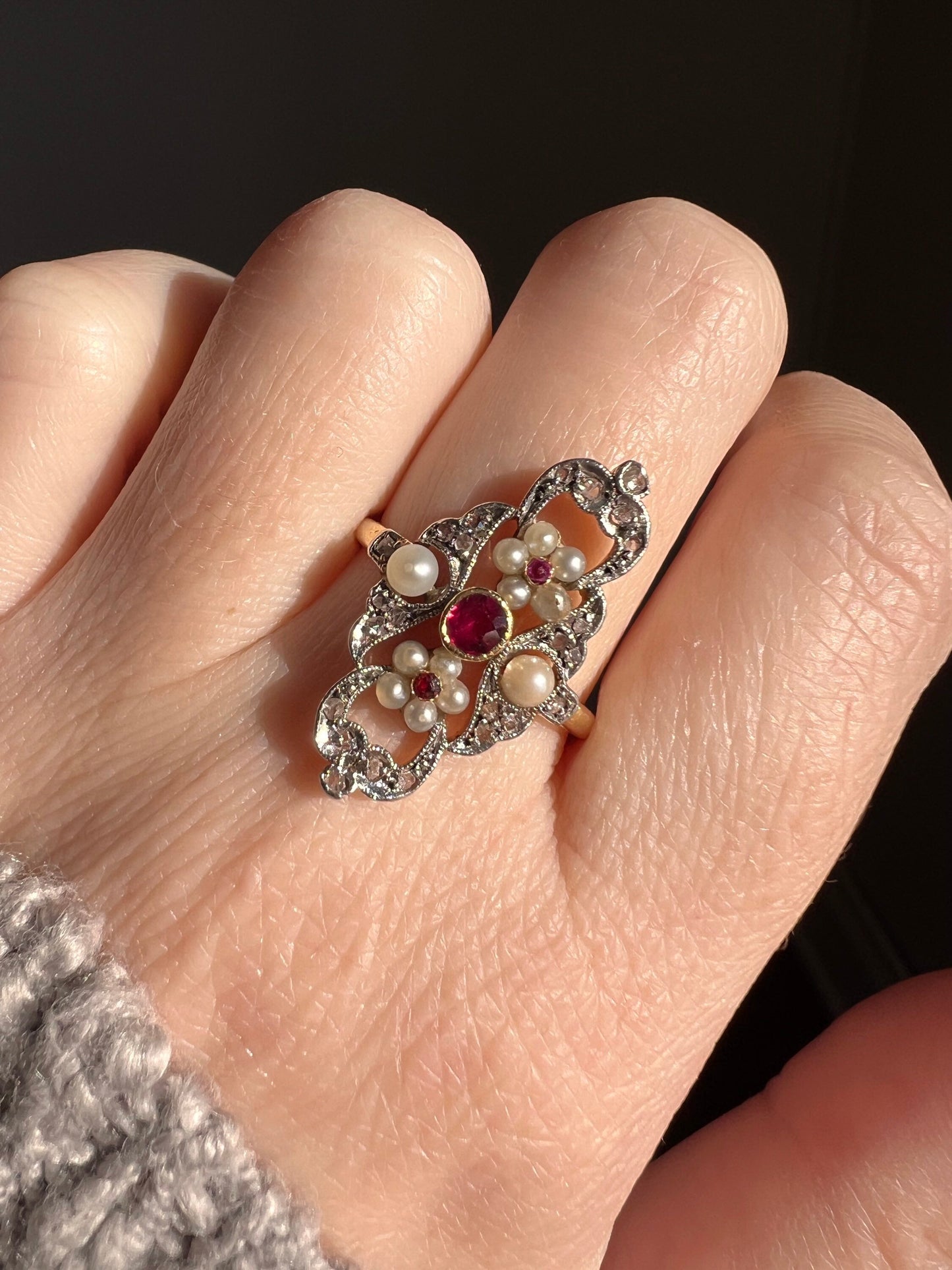 Belle Epoque FRENCH Antique FLORAL Navette Ring RUBY Pearl Flowers Rose Cut DiAMONDS 18k Gold Art Nouveau Victorian Romantic Gift Stacker