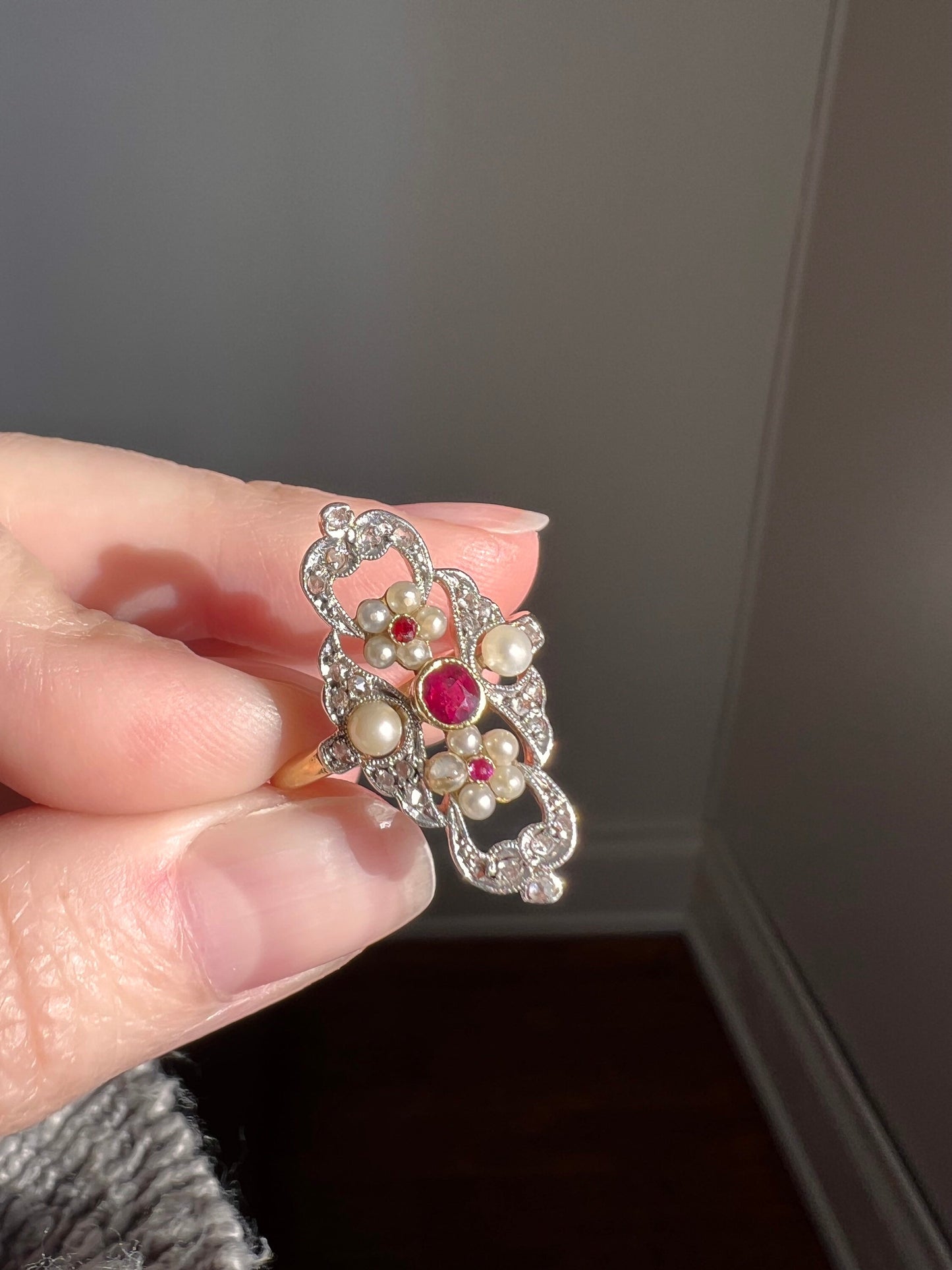 Belle Epoque FRENCH Antique FLORAL Navette Ring RUBY Pearl Flowers Rose Cut DiAMONDS 18k Gold Art Nouveau Victorian Romantic Gift Stacker