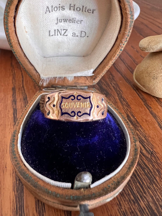 SOUVENIR French VICTORIAN Antique Blue ENAMEL 18k Gold Ring Woven Hair Wide Band Romantic Gift Belle Epoque Grand Tour Ornate Panel Lozenge