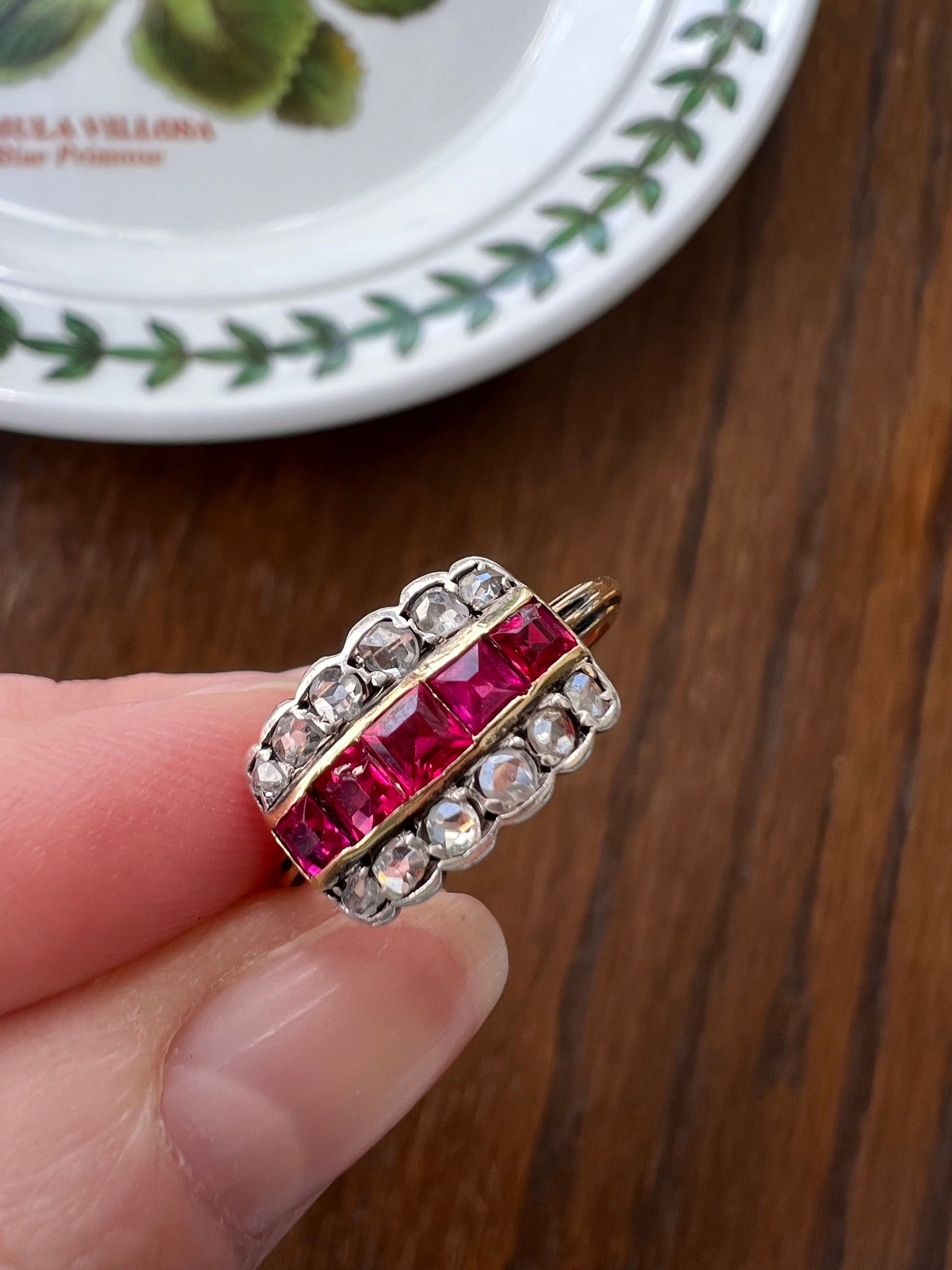 LINEAR Grid RUBY Rose Cut Diamond PINK Stacker Ring French ANTiQUE 18k Gold Square Carre Stacker Romantic Gift Elegant Geometric Chunky
