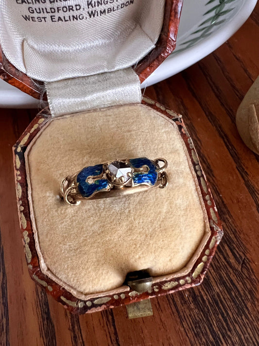 TULIPS Blue Enamel FLORAL Rose Cut DIAMOND French Antique 18k Gold Vine Tendril Stem Band Stacker Romantic Gift Victorian Belle Epoque Foil