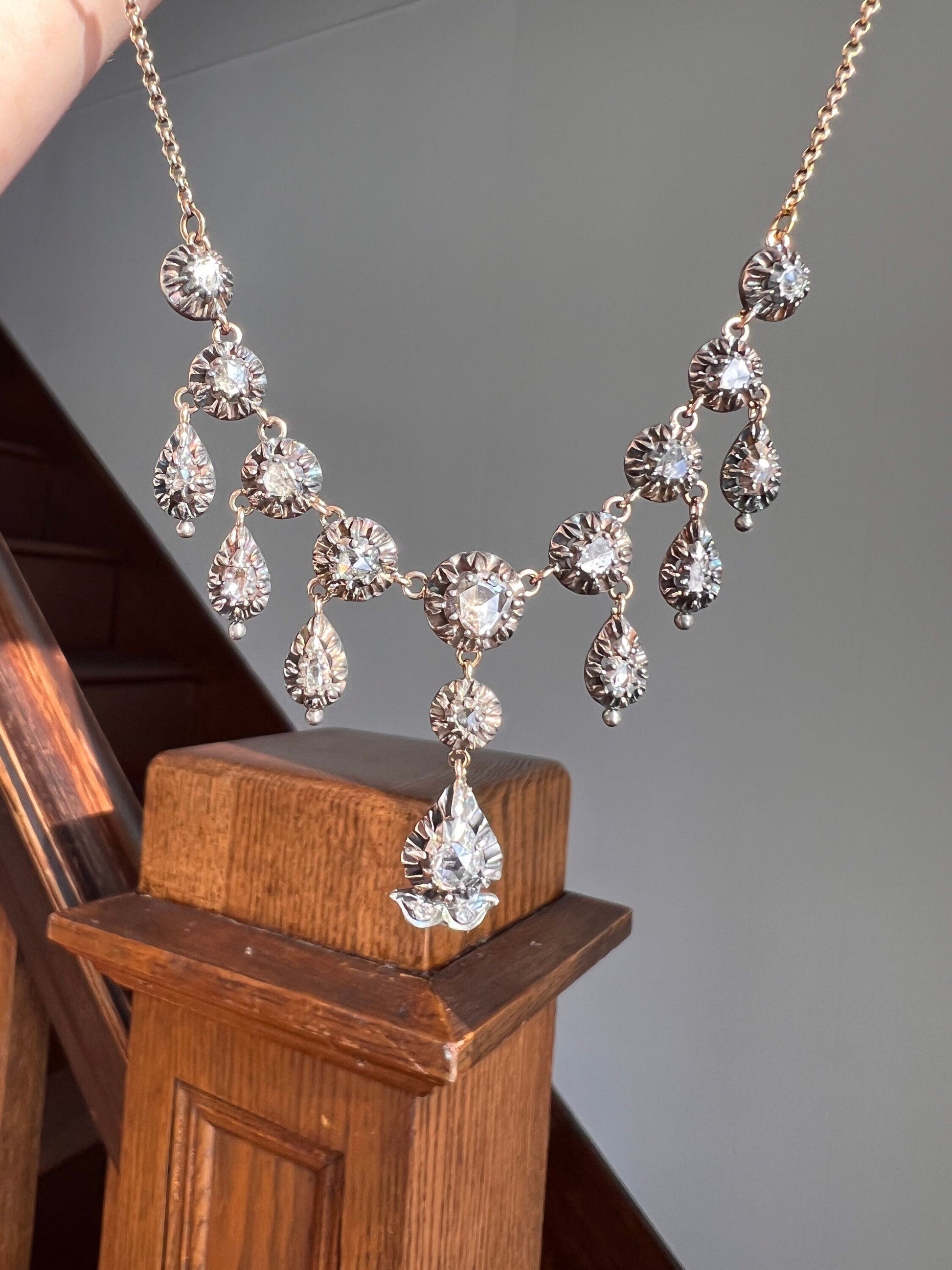 VICTORIAN French Antique 3 Carat Rose Cut DIAMOND Drop 18k Gold Silver Collet Teardrop Necklace Enamel 17" Bridal Something Old Belle Epoque