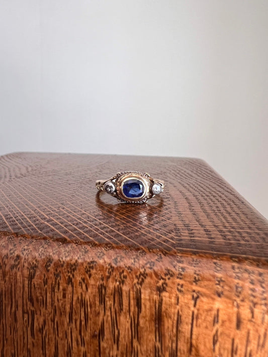Antique Natural SAPPHIRE Rose Cut DIAMOND Ring 14k Gold Stacker Victorian Georgian Chunky Blue Three Stone Scalloped Butt Scrolled Ornate