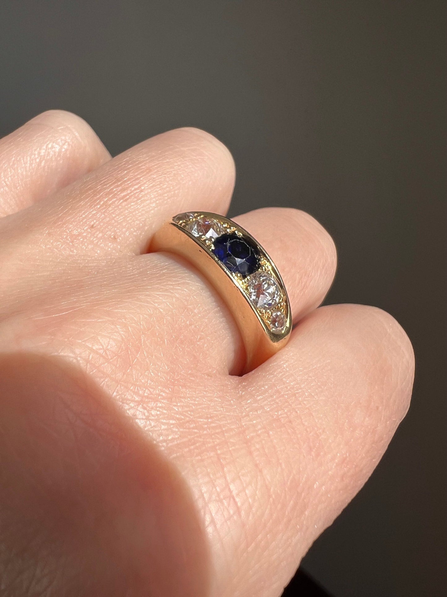 HEAVY Five Stone Gypsy Band Ring .75 Carat Old Mine Cut DIAMOND Sapphire French Antique 9.6g 18k GoLD Victorian Belle Epoque Unique Gift OMC