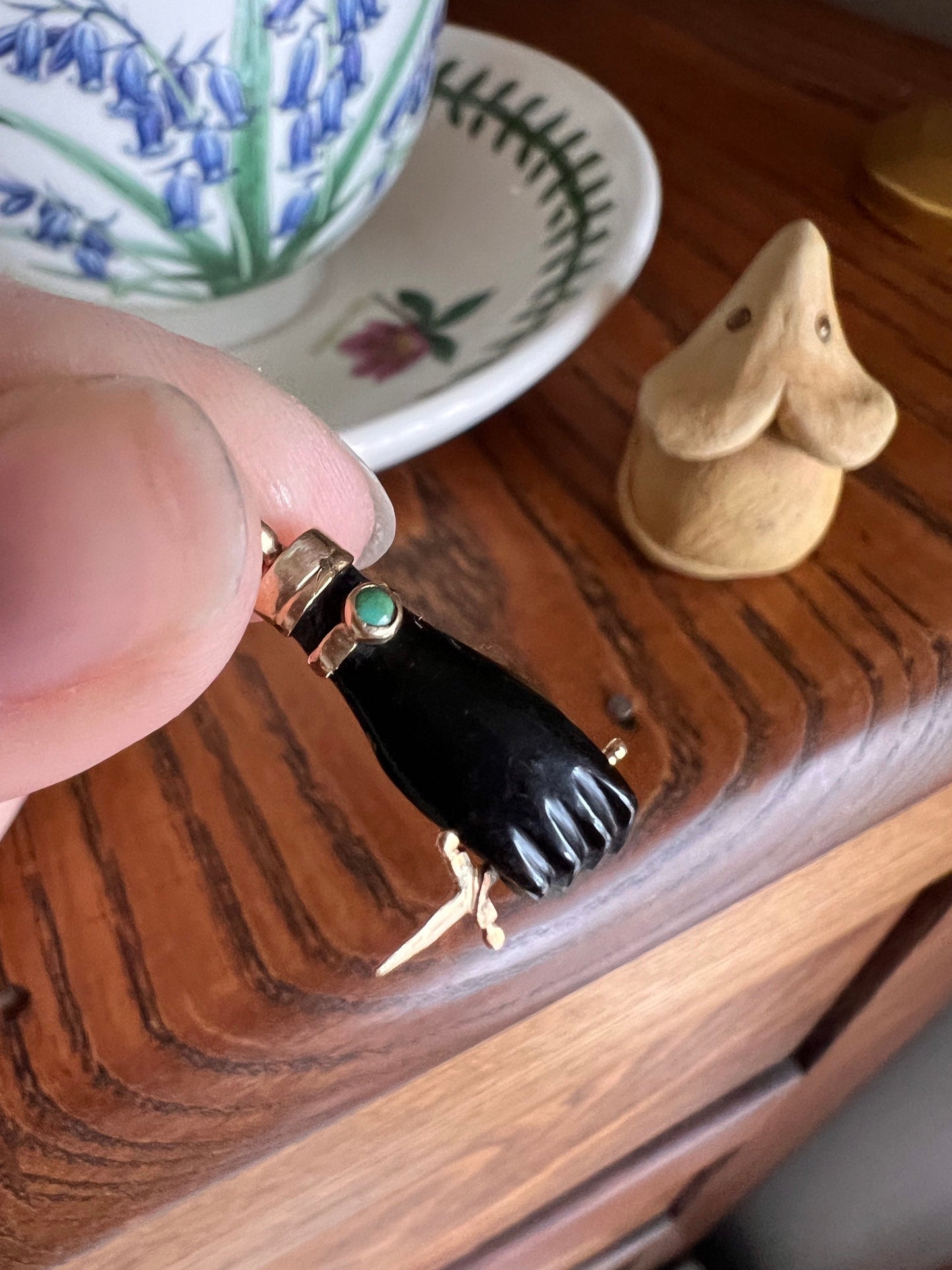 Unique Black Stone ? Carved FIGA Hand Fist Holding SWORD Turquoise Bracelet French Victorian 18k Gold Solid Pendant Belle Epoque Figural