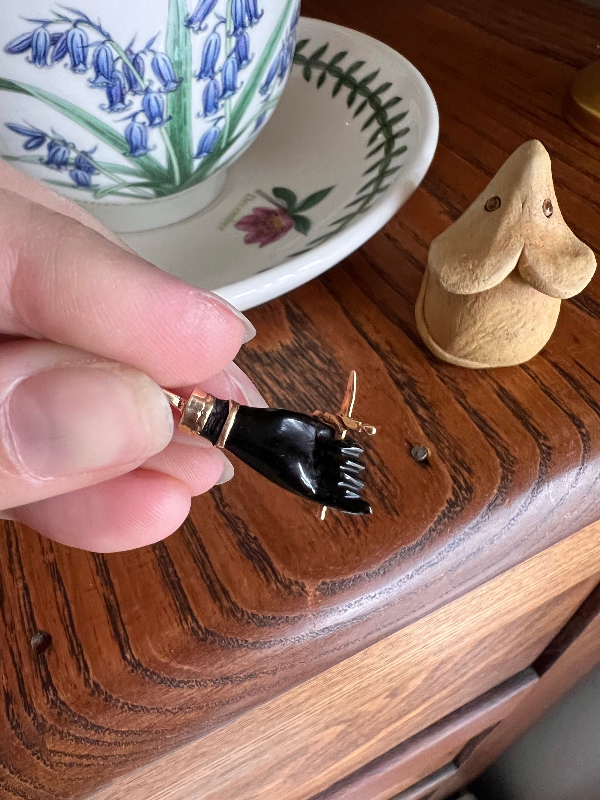 Unique Black Stone ? Carved FIGA Hand Fist Holding SWORD Turquoise Bracelet French Victorian 18k Gold Solid Pendant Belle Epoque Figural