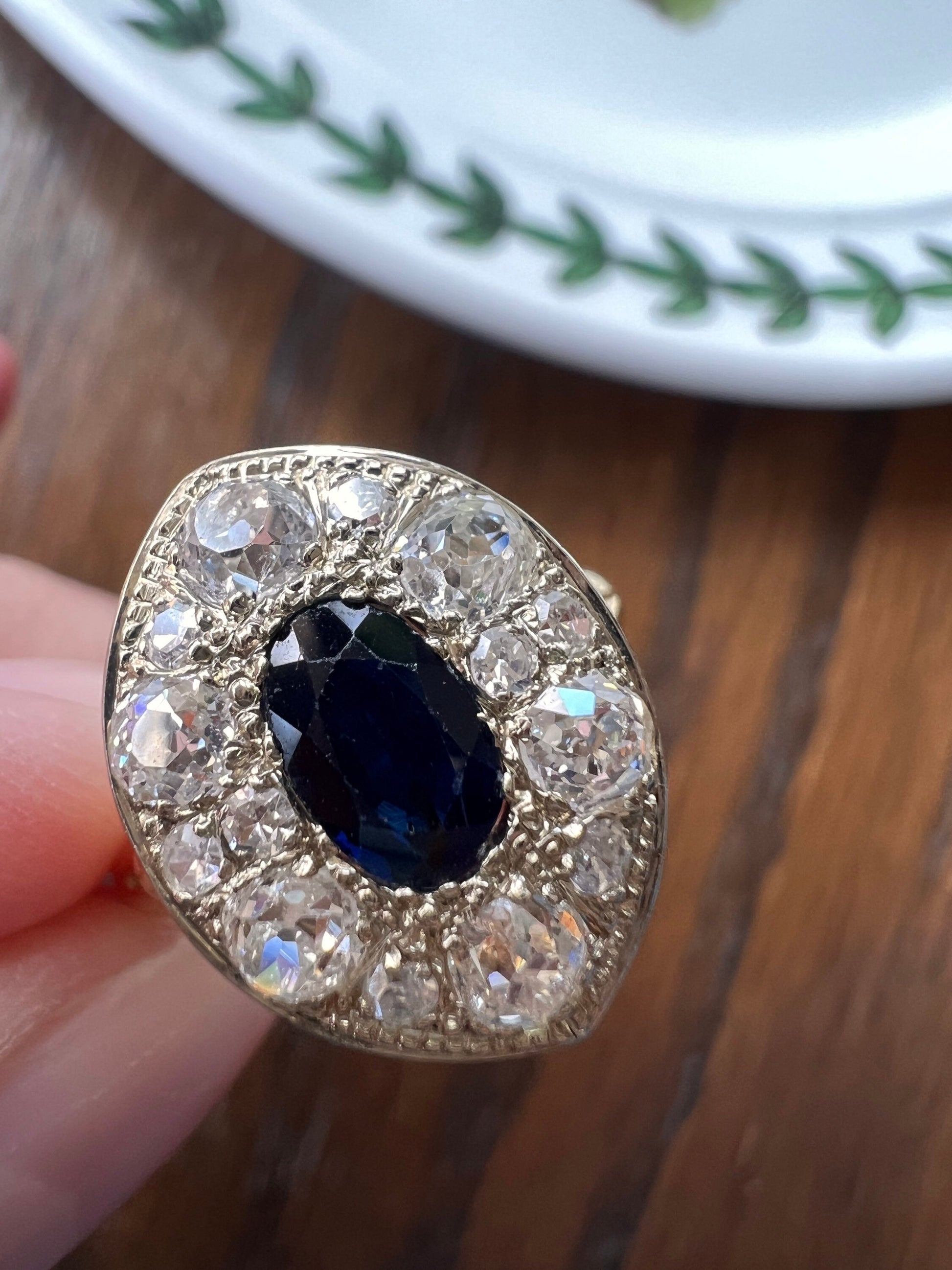 Chunky 1.5Ctw. Old Mine Cut DIAMOND Halo 1 Ct. Natural SAPPHIRE Ring French Antique 18k Gold Romantic Gift Belle Epoque Blue 1 1/2 Carat OMC