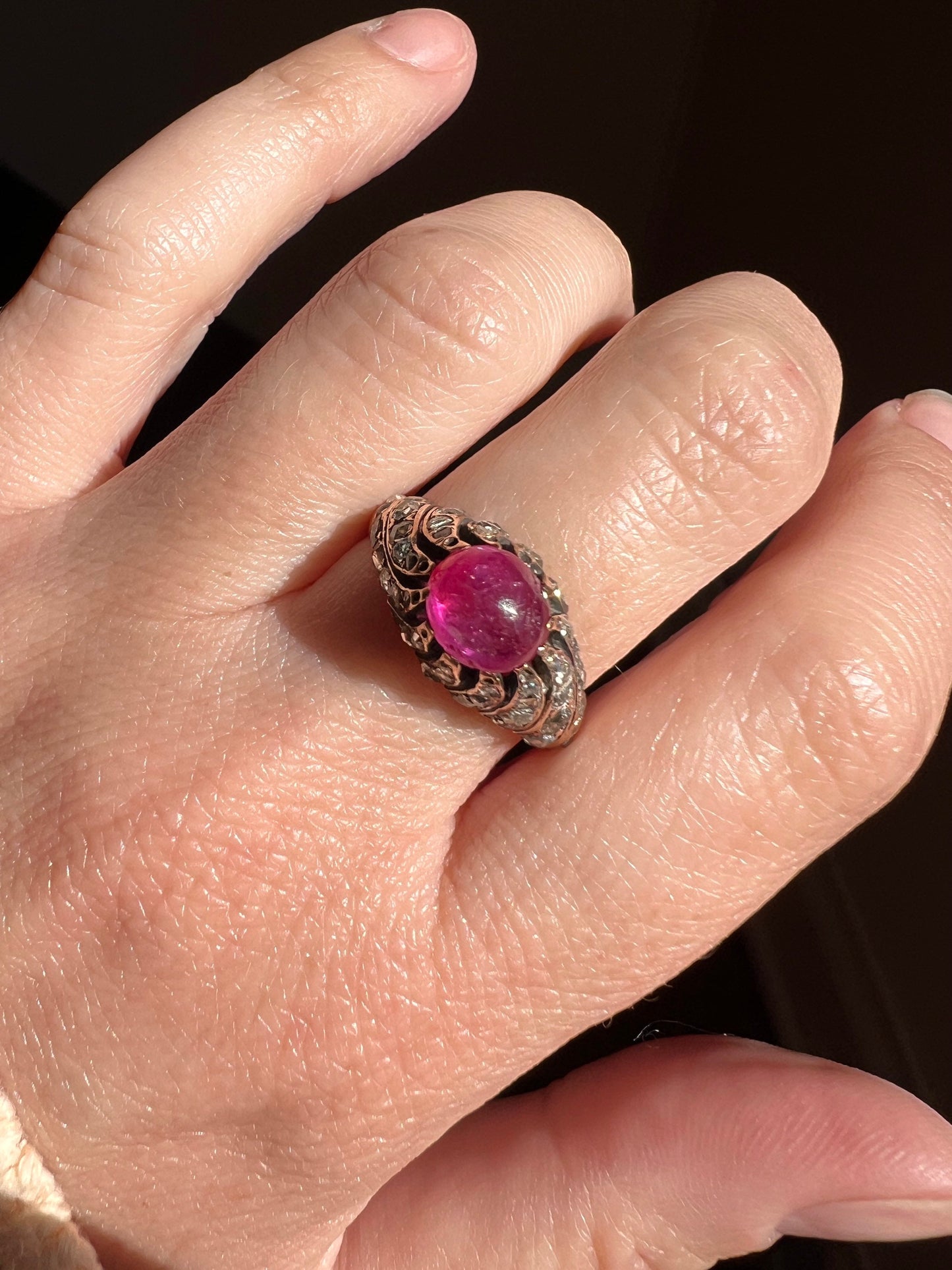 Victorian ANTIQUE Natural Pink RUBY 50 (!) Rose Cut DIAMOND 1 Carat Swirl Antique Ring 14k Rosy Gold Stacker Romantic Gift Belle Epoque Tall