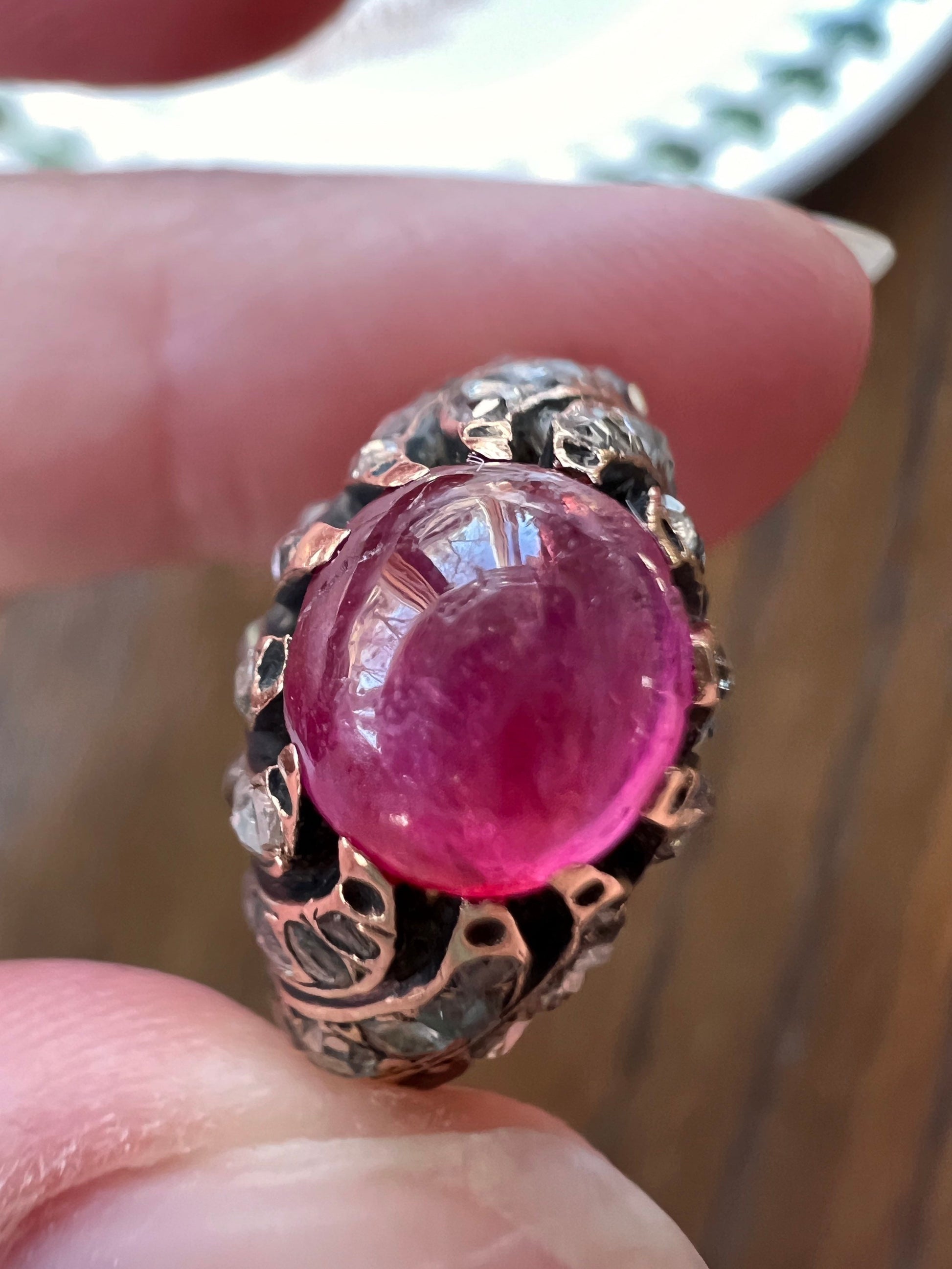 Victorian ANTIQUE Natural Pink RUBY 50 (!) Rose Cut DIAMOND 1 Carat Swirl Antique Ring 14k Rosy Gold Stacker Romantic Gift Belle Epoque Tall