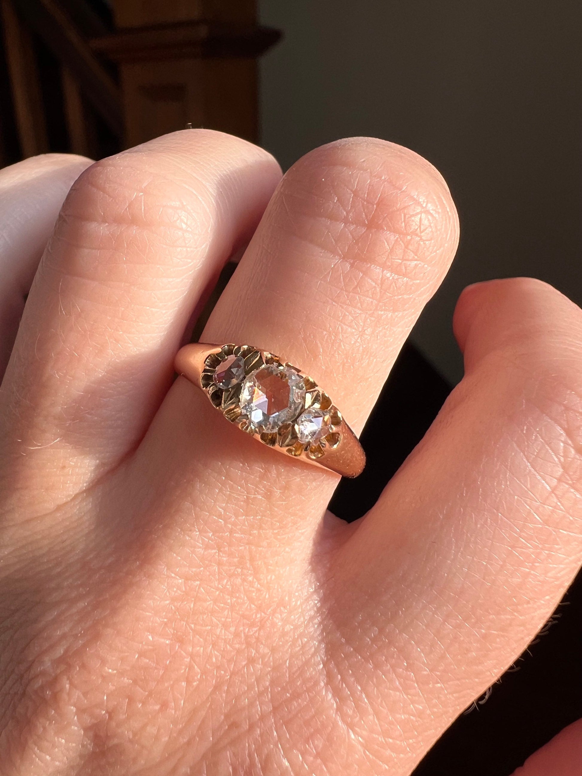 Rose Cut DIAMOND Triple Buttercup Belcher Three Stone Ring 18k GOLD Buttery Band Stacker Unique Romantic Gift Minimalist Sparkly Stacker
