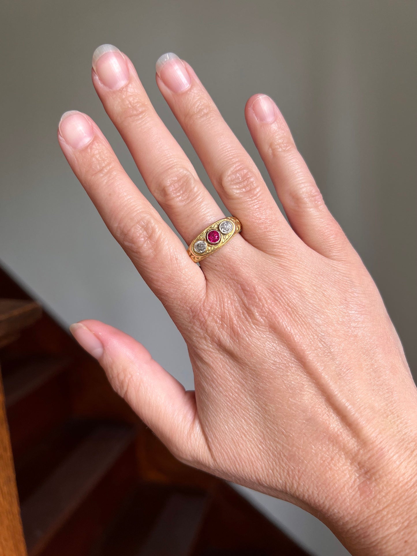 ROSES Heavy Ornate Embossed RUBY Old Mine Cut DIAMOND Gypsy Band Ring .45 Carat French Antique 9.6g 18k GoLD Victorian Belle Epoque Gift OmC