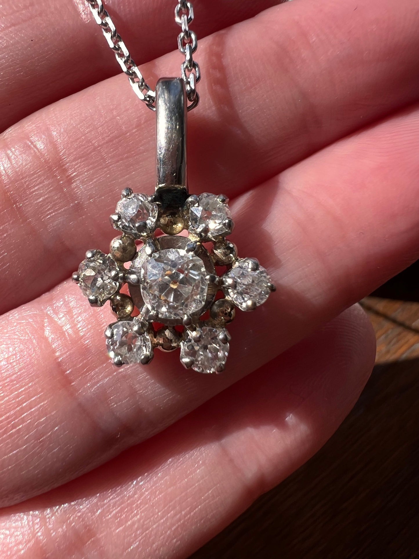 French Antique 1 Carat 7 Old Mine Cut DIAMOND Cluster PENDANT Daisy 18k White Yellow Gold on Chain Art Deco Bridal Something Old 1Ctw OMC
