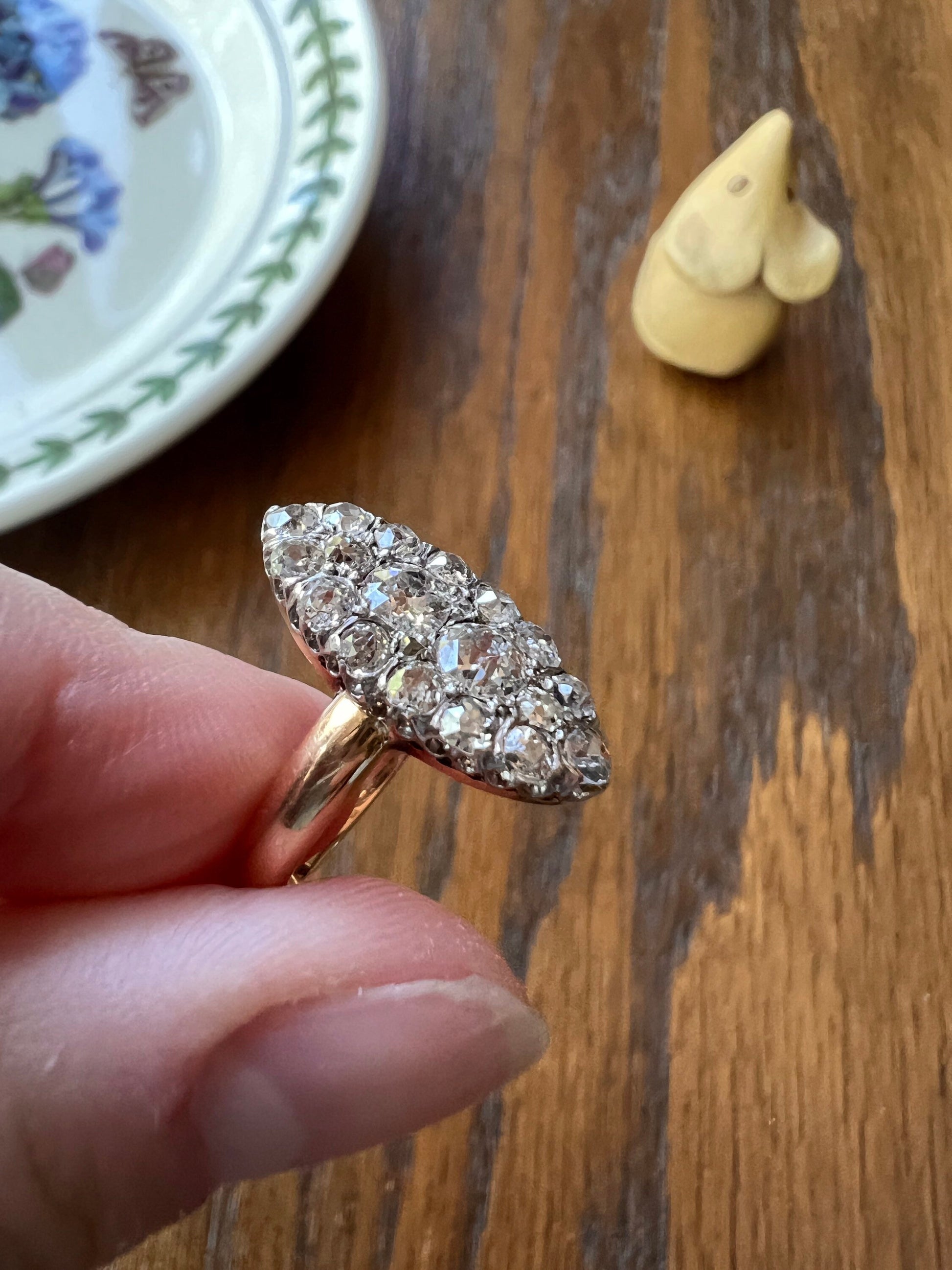 Antique FRENCH 1 Carat 18 Old Mine Cut DIAMOND 18k Gold PLATINUM Cobblestone Navette Ring 1Ctw Victorian Romantic Gift OmC Stacker Chunky