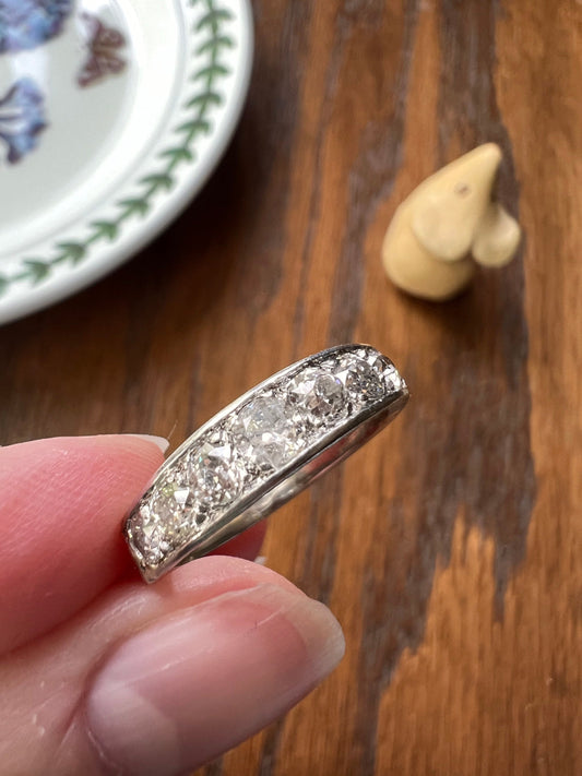 Antique 1 Carat 7 Old Mine Cut DiAMOND Ring 18k White Gold & Platinum Seven Stone Wide Band Stacker Chunky Romantic Gift OMC Art Deco French
