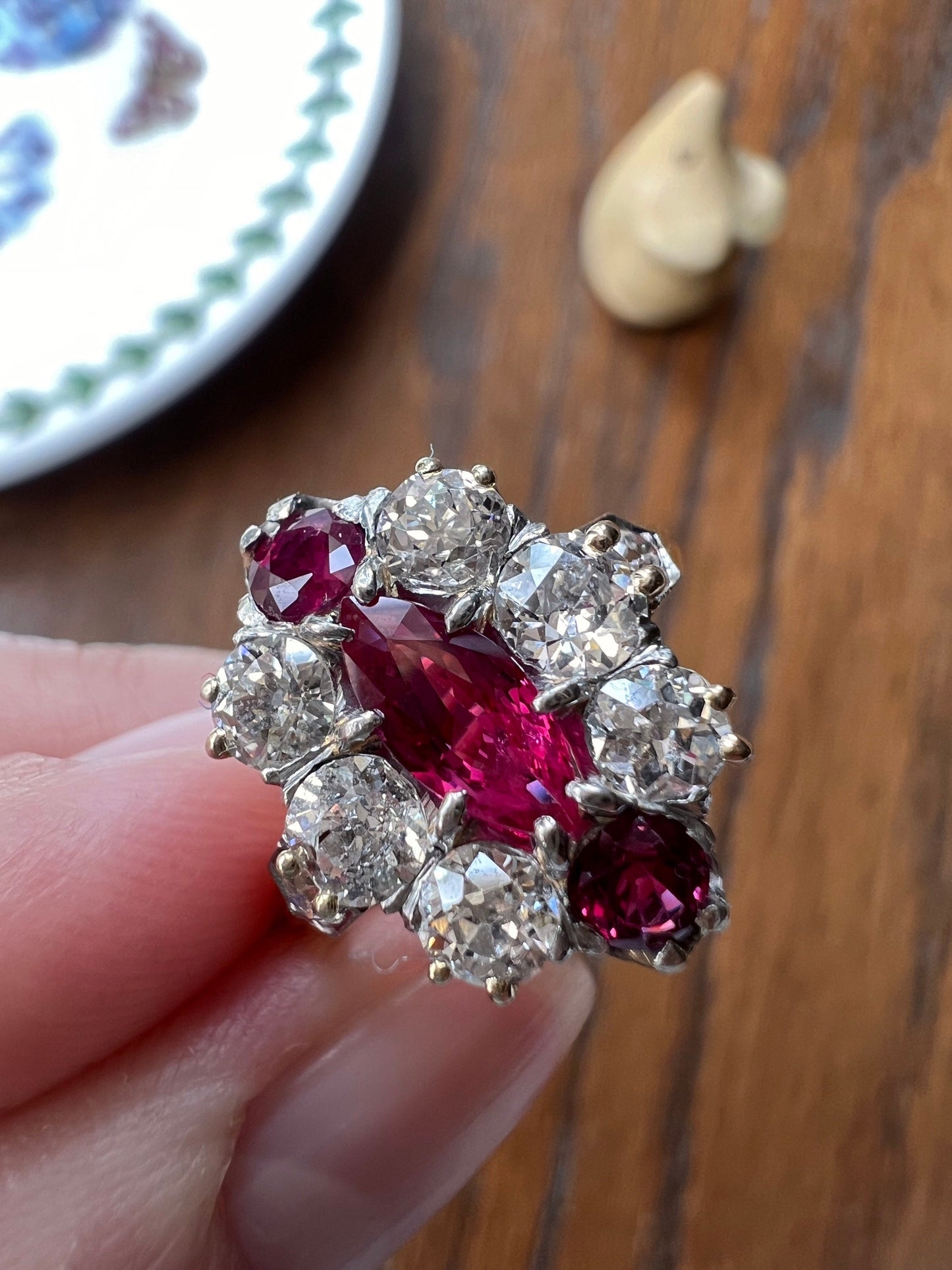 Antique RUBY 1.25 Carats Old Mine Cut DIAMOND Diamond Cluster Ring 18k Gold ViCTORIAN Antique Chunky Cluster Oval OMC Pink Red Belle Epoque