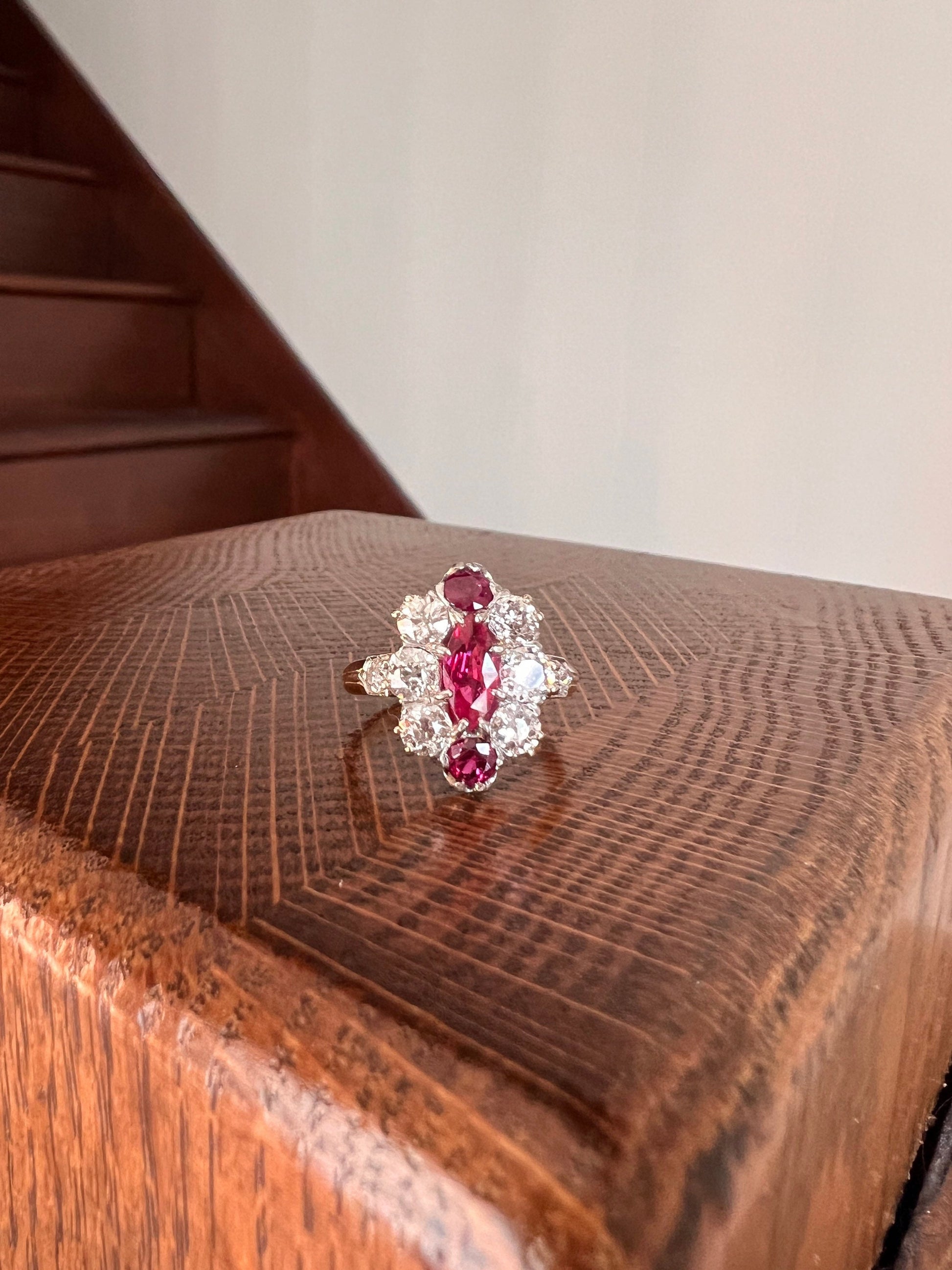 Antique RUBY 1.25 Carats Old Mine Cut DIAMOND Diamond Cluster Ring 18k Gold ViCTORIAN Antique Chunky Cluster Oval OMC Pink Red Belle Epoque