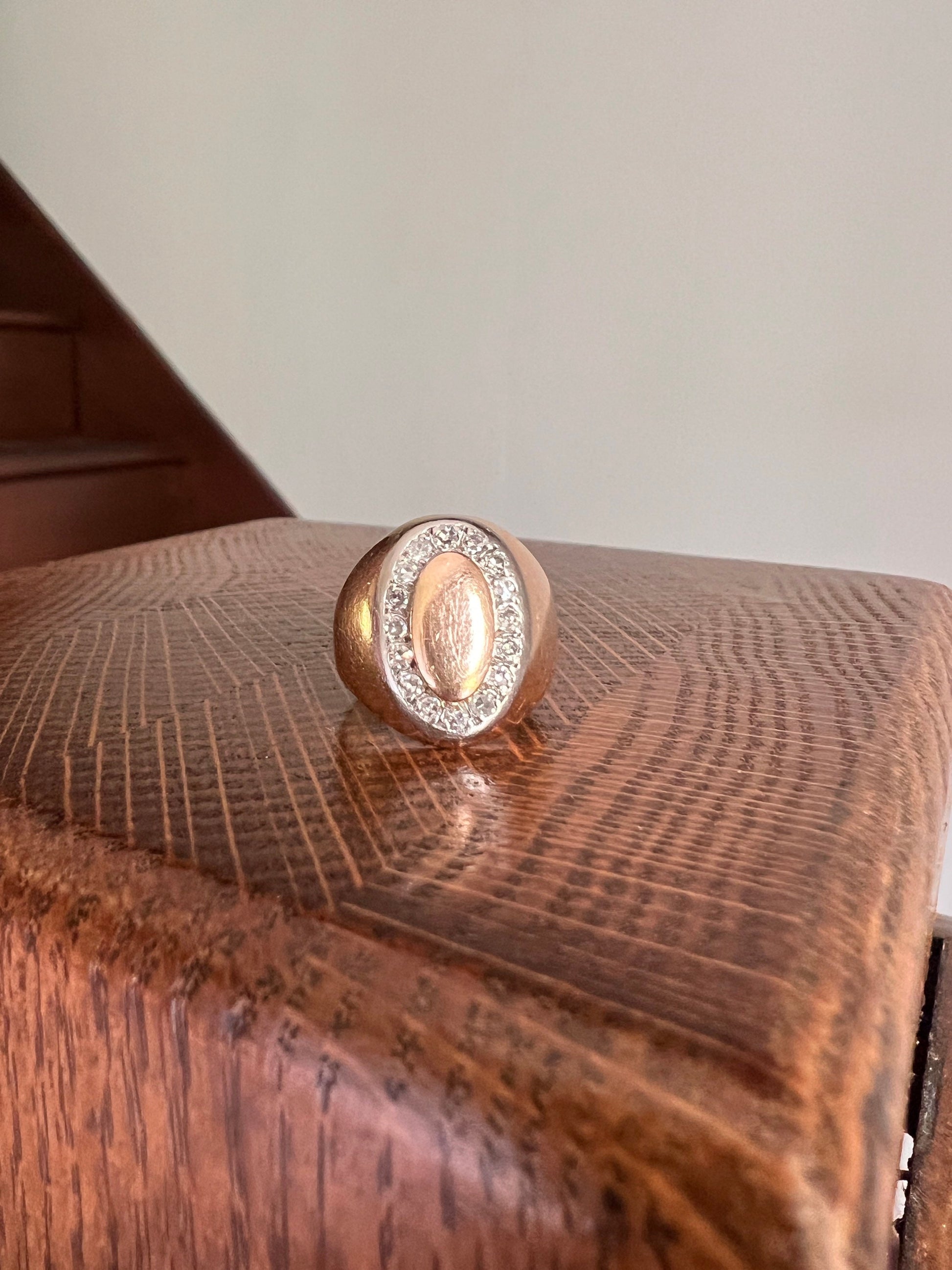 French Antique Art Deco Old Single Cut DIAMOND Halo Signet Oval Geometric Ring Chunky Band 9.5g 18k Gold Romantic Gift Stacker Belle Epoque