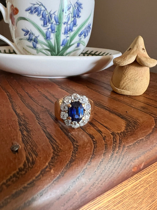 HEAVY French Antique SAPPHIRE 1.7 Carat Old Mine Cut DIAMOND Halo Cluster Ring 10.8g 18k Rose Gold Wide Band Signet Shoulders Sturdy OmC Wow