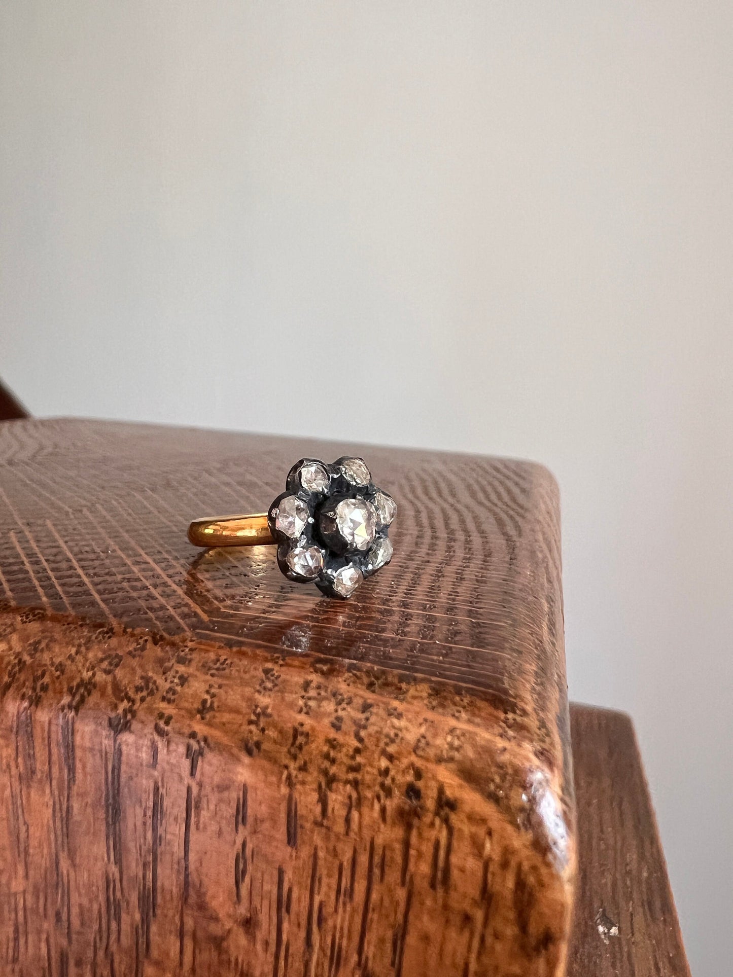 Antique Old Rose Cut DiAMOND Daisy Cluster Ring 23k GOLD Buttery Romantic Gift Stacker Georgian Victorian Not 18k 24k Silver Collet Foiled