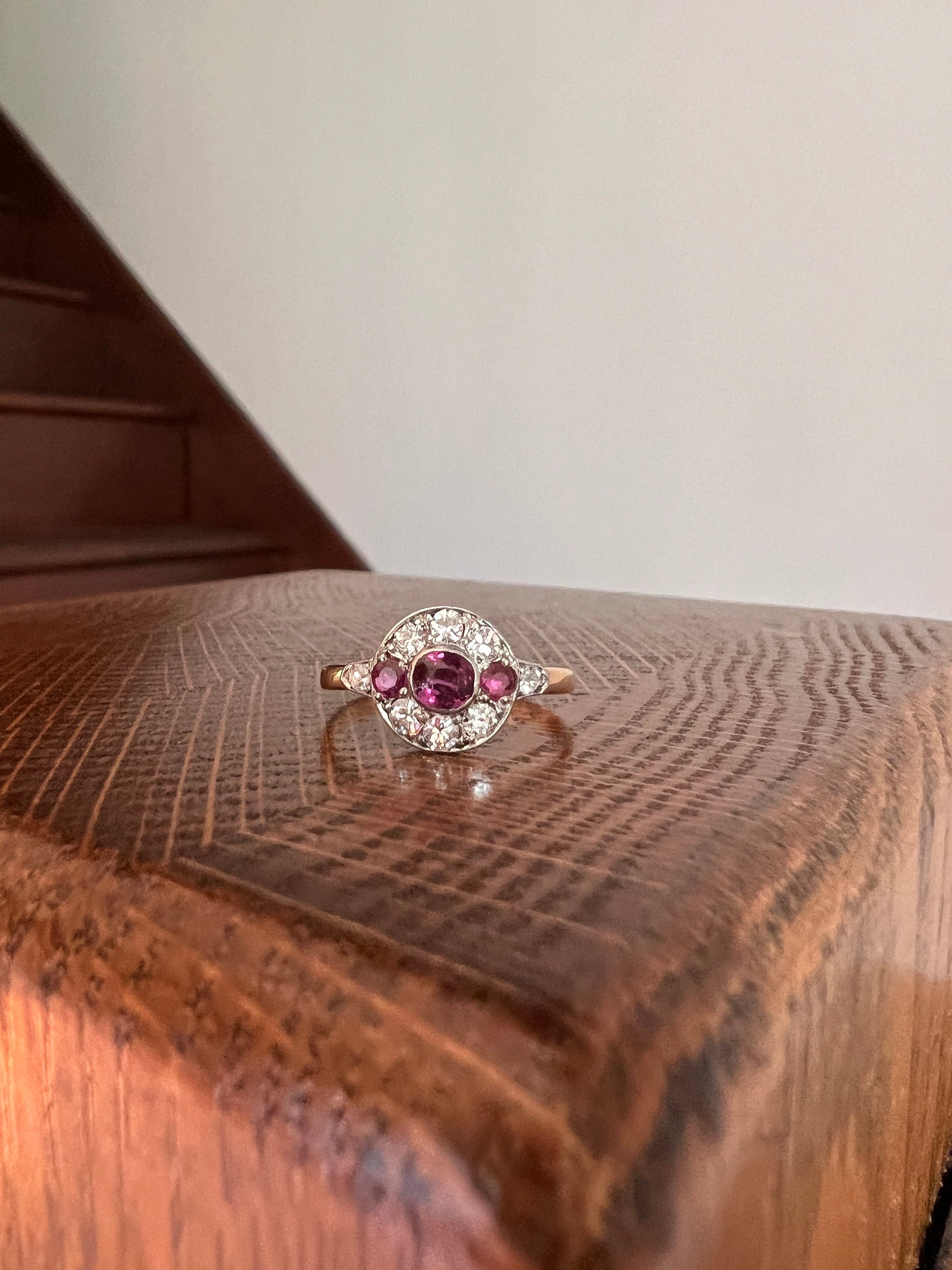 Antique RUBY Old European Cut DIAMOND Cluster Ring 18k Gold Circle Halo Stacker Linear Geometric Romantic Gift Red Mauve Pink Purple Sparkle