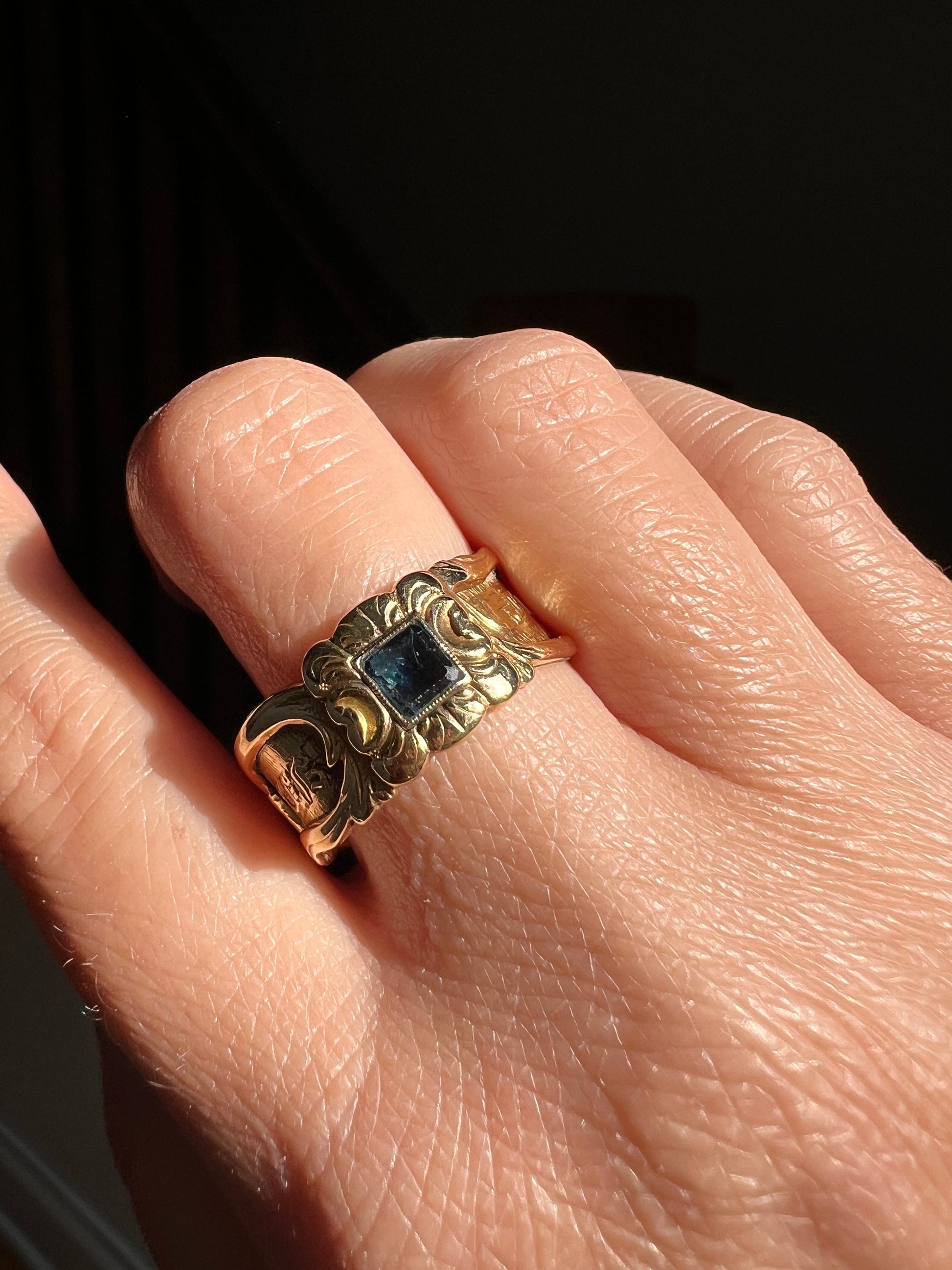 Heavy DATED 1840 Square Cut SAPPHIRE Swirling Wide Band Ring 18k Gold In Memory Of Mourning Ring Unique Early Victorian Chunky Cigar Pipe
