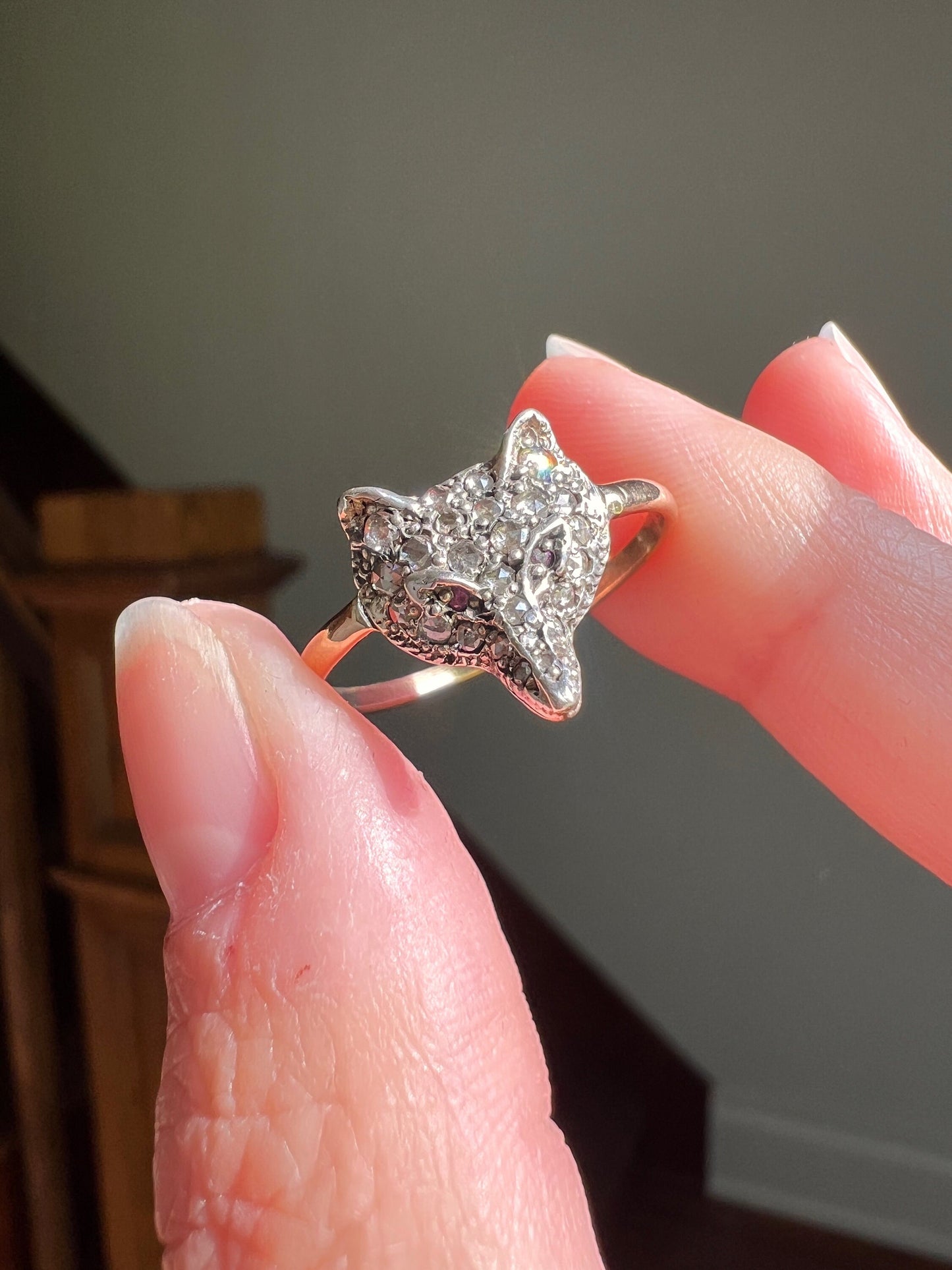 FOX Victorian ANTIQUE Rose Cut Diamonds RUBY Eyes All Original Figural Ring 15k Gold Silver Animal Jewelry Unique Gift Fun Stacker 1800s 14k