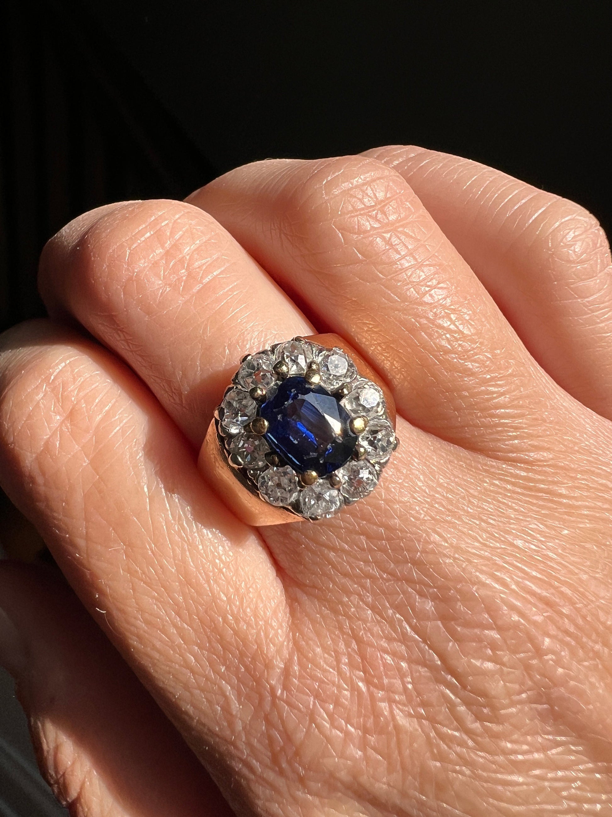 HEAVY French Antique SAPPHIRE 1.7 Carat Old Mine Cut DIAMOND Halo Cluster Ring 10.8g 18k Rose Gold Wide Band Signet Shoulders Sturdy OmC Wow