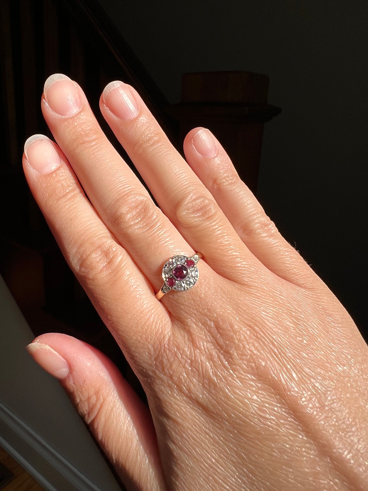 Antique RUBY Old European Cut DIAMOND Cluster Ring 18k Gold Circle Halo Stacker Linear Geometric Romantic Gift Red Mauve Pink Purple Sparkle