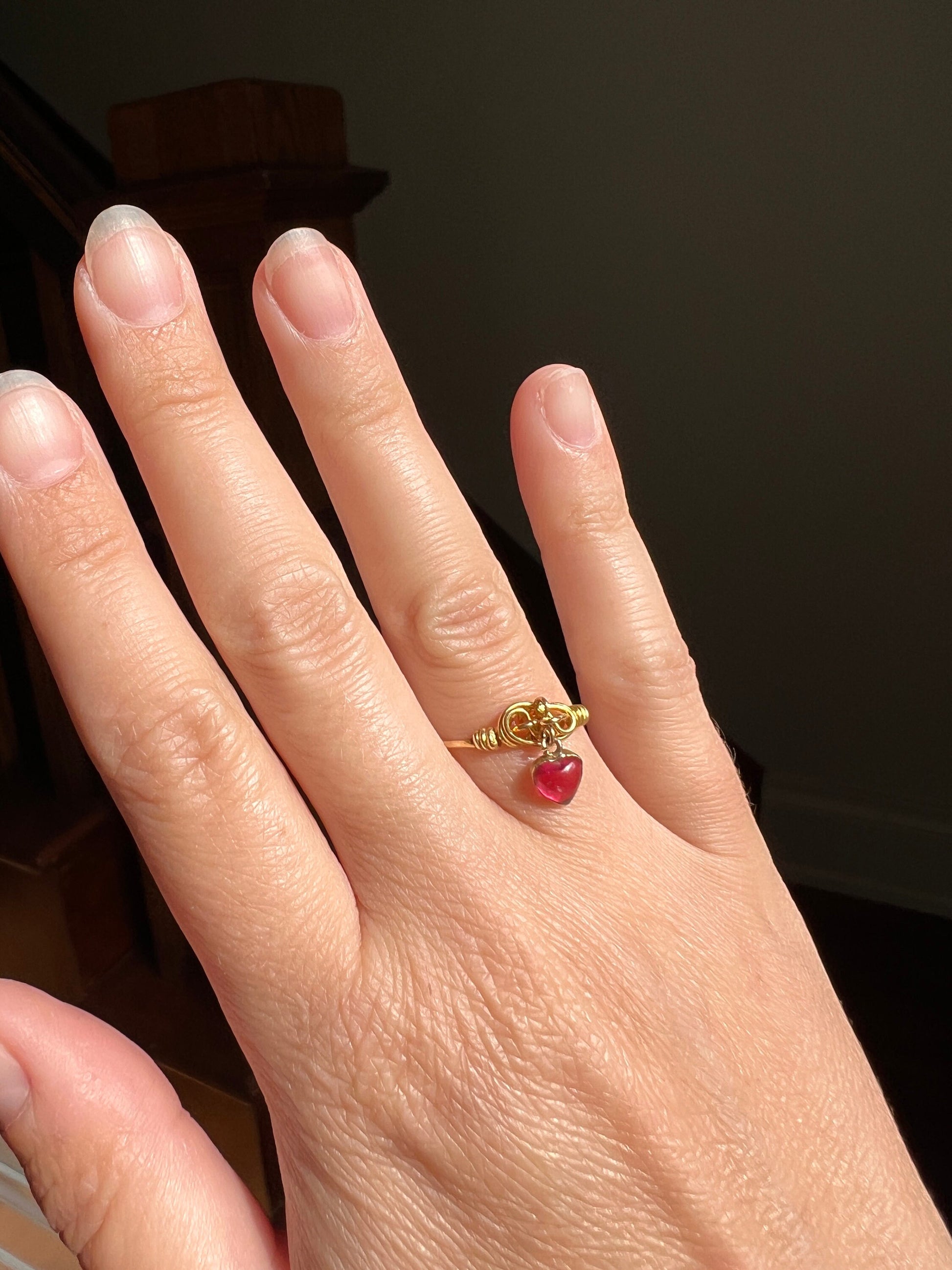 Original VICTORIAN Lover's Knot Dangling HEART Charm RING 14k Gold Pink Ruby Paste Dangle Figural Romantic Gift Cabochon Pinky Midi Stacker