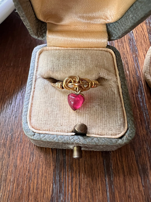 Original VICTORIAN Lover's Knot Dangling HEART Charm RING 14k Gold Pink Ruby Paste Dangle Figural Romantic Gift Cabochon Pinky Midi Stacker