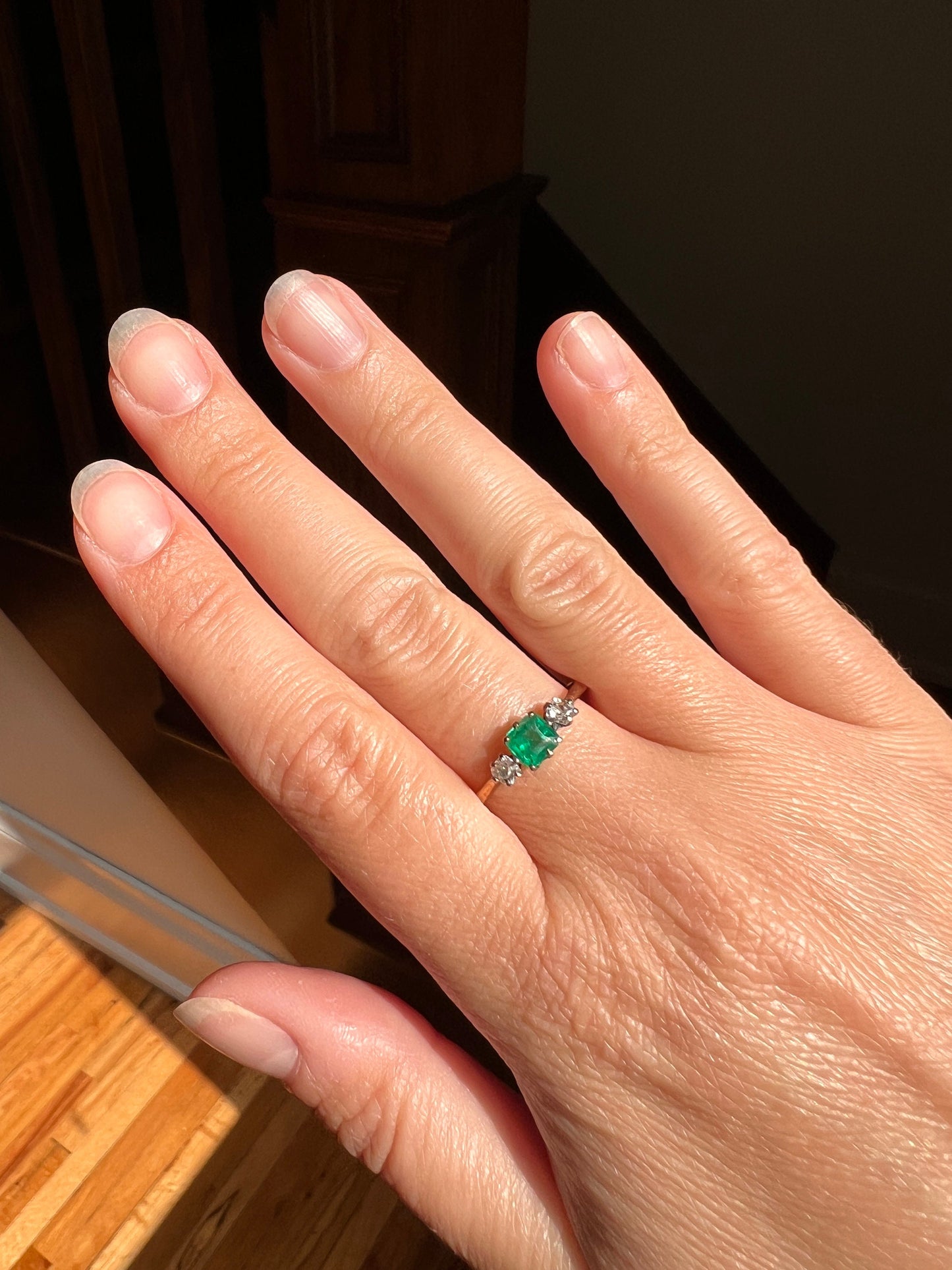 Antique EMERALD Old Mine Cut DIAMOND Three Stone Ring 18k Gold 3 Trilogy Square Cut Beautiful Green Color Stacker with Sparkle Romantic Gift