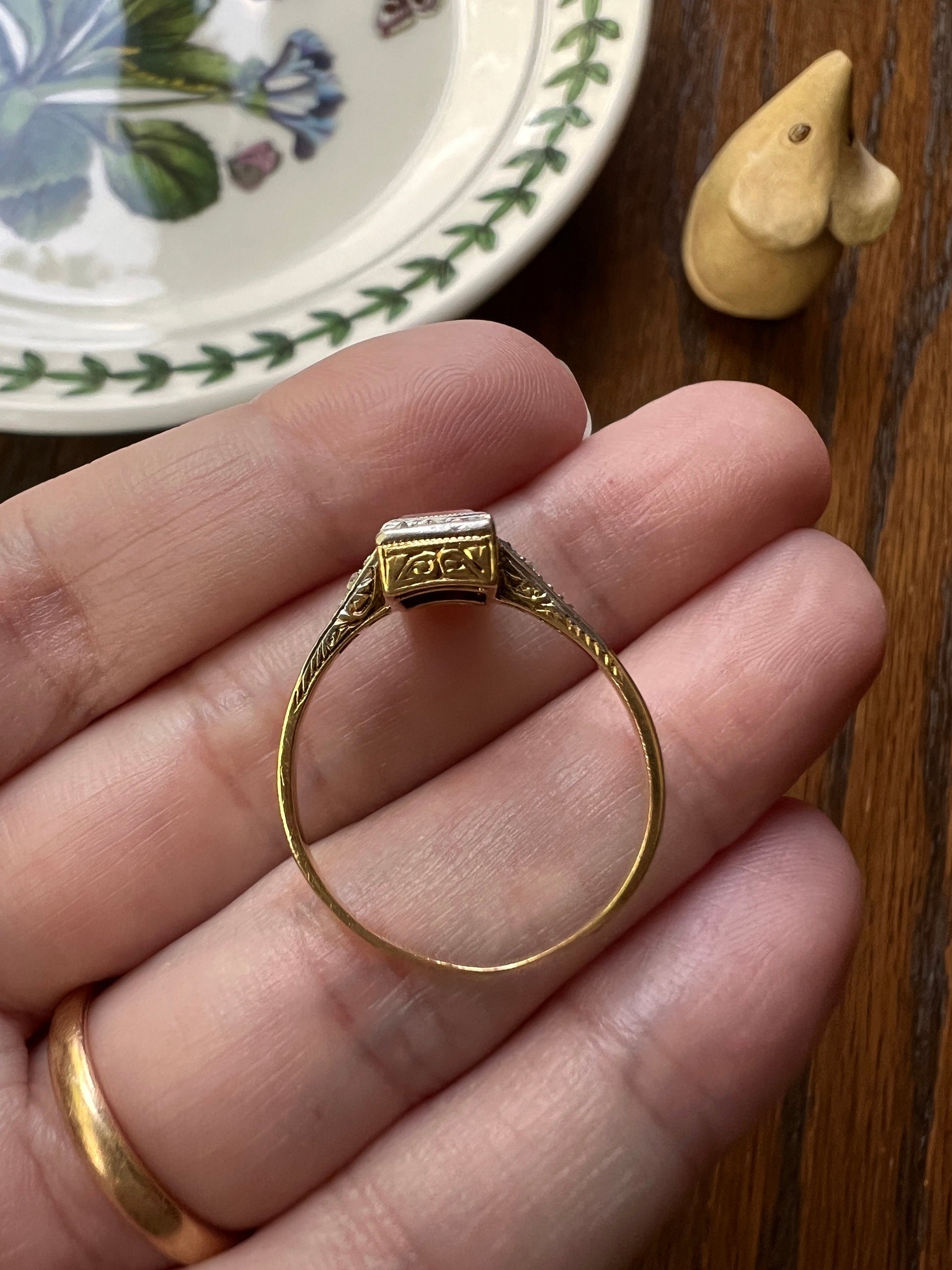 French ANTIQUE Pink RUBY Rose Cut DIAMOND Geometric Ring 18k Gold Ornate Engraved Edwardian Art Deco Milgrain Emerald Cut Rectangle Stacker
