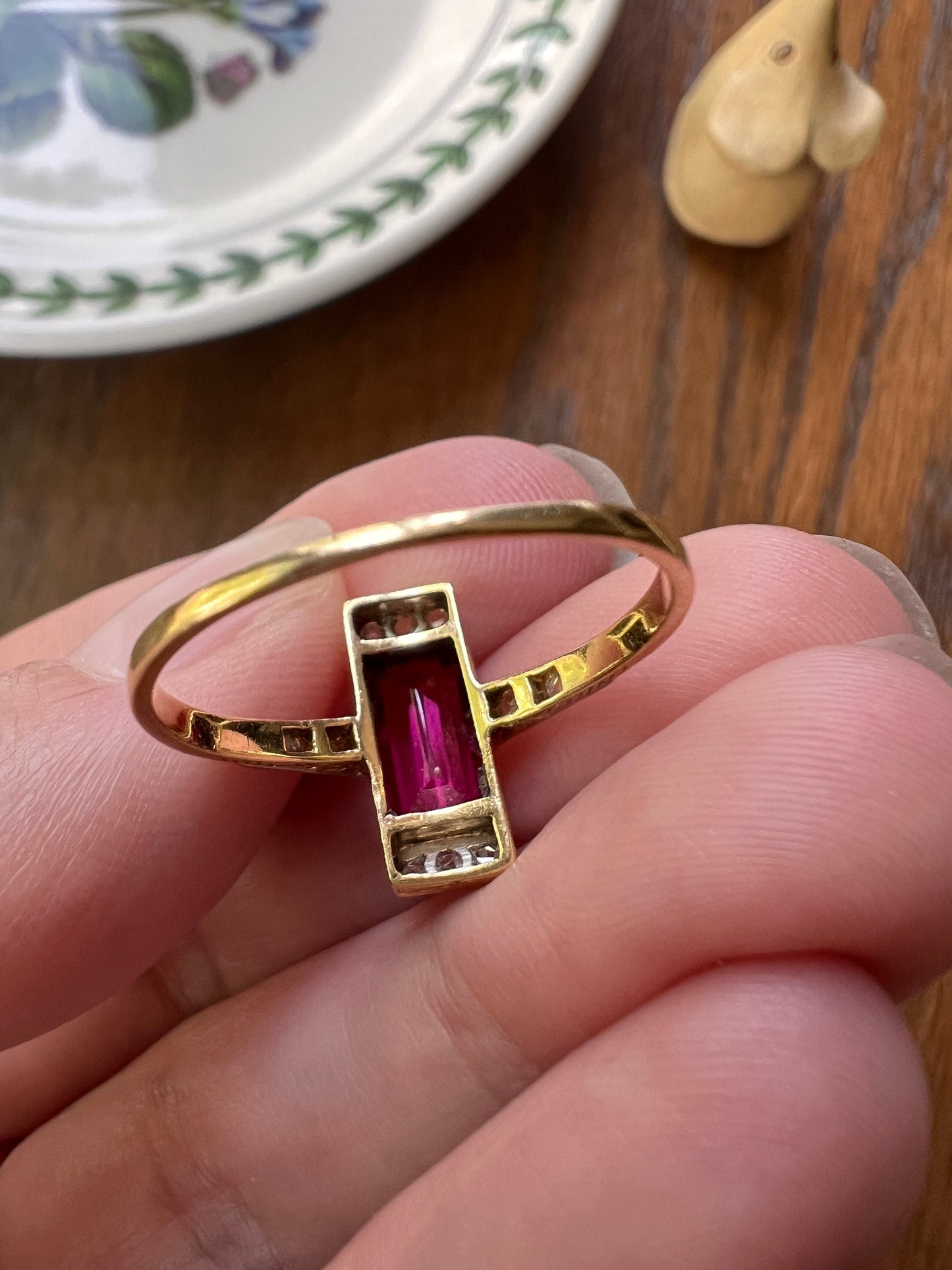 French ANTIQUE Pink RUBY Rose Cut DIAMOND Geometric Ring 18k Gold Ornate Engraved Edwardian Art Deco Milgrain Emerald Cut Rectangle Stacker
