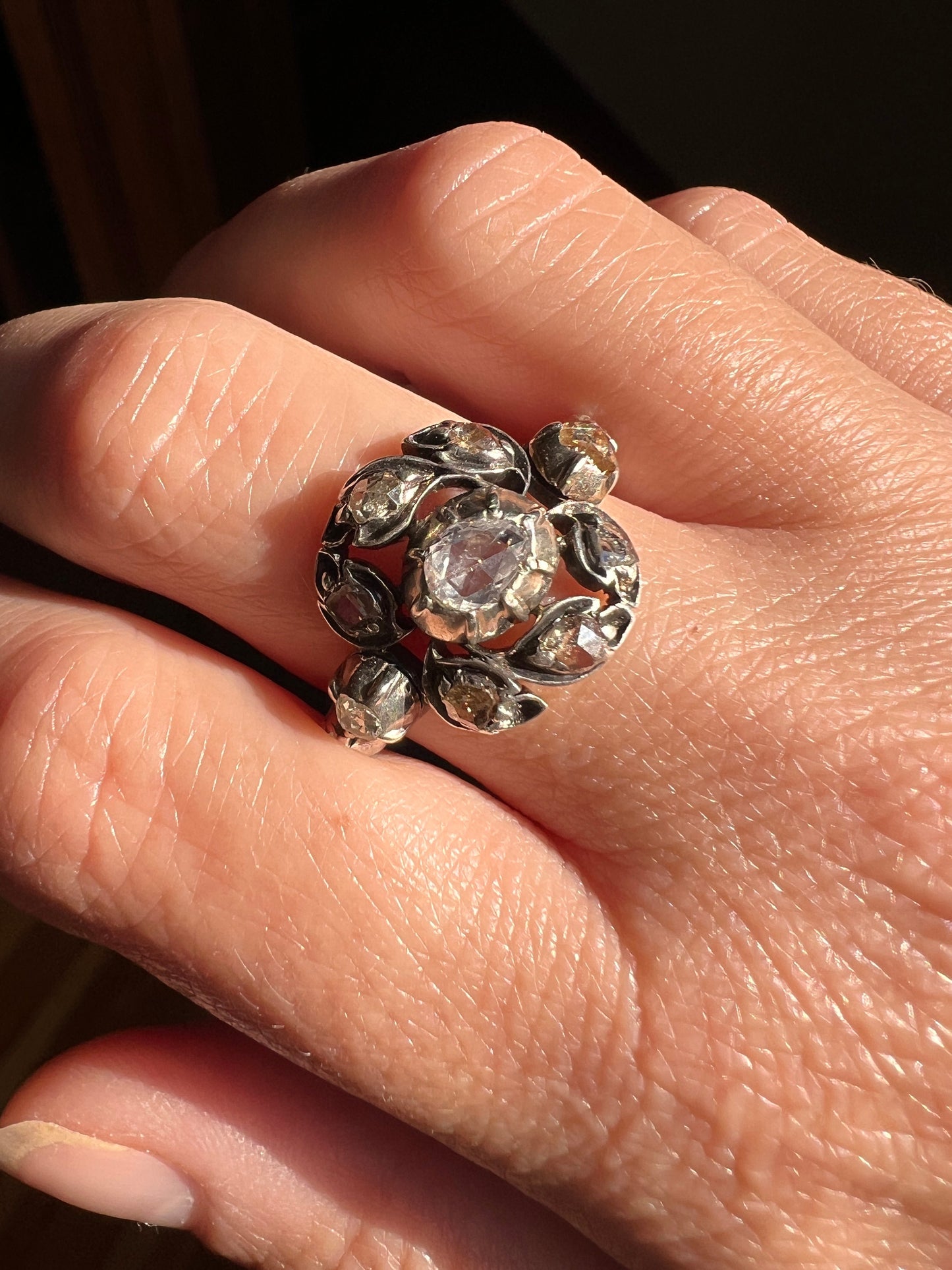 GIARDINETTI Table & Rose Cut Diamond Champagne Cognac GEORGIAN Ring 18k GOLD Silver Collets Antique Floral Ring Leaf Face Open Back Figural