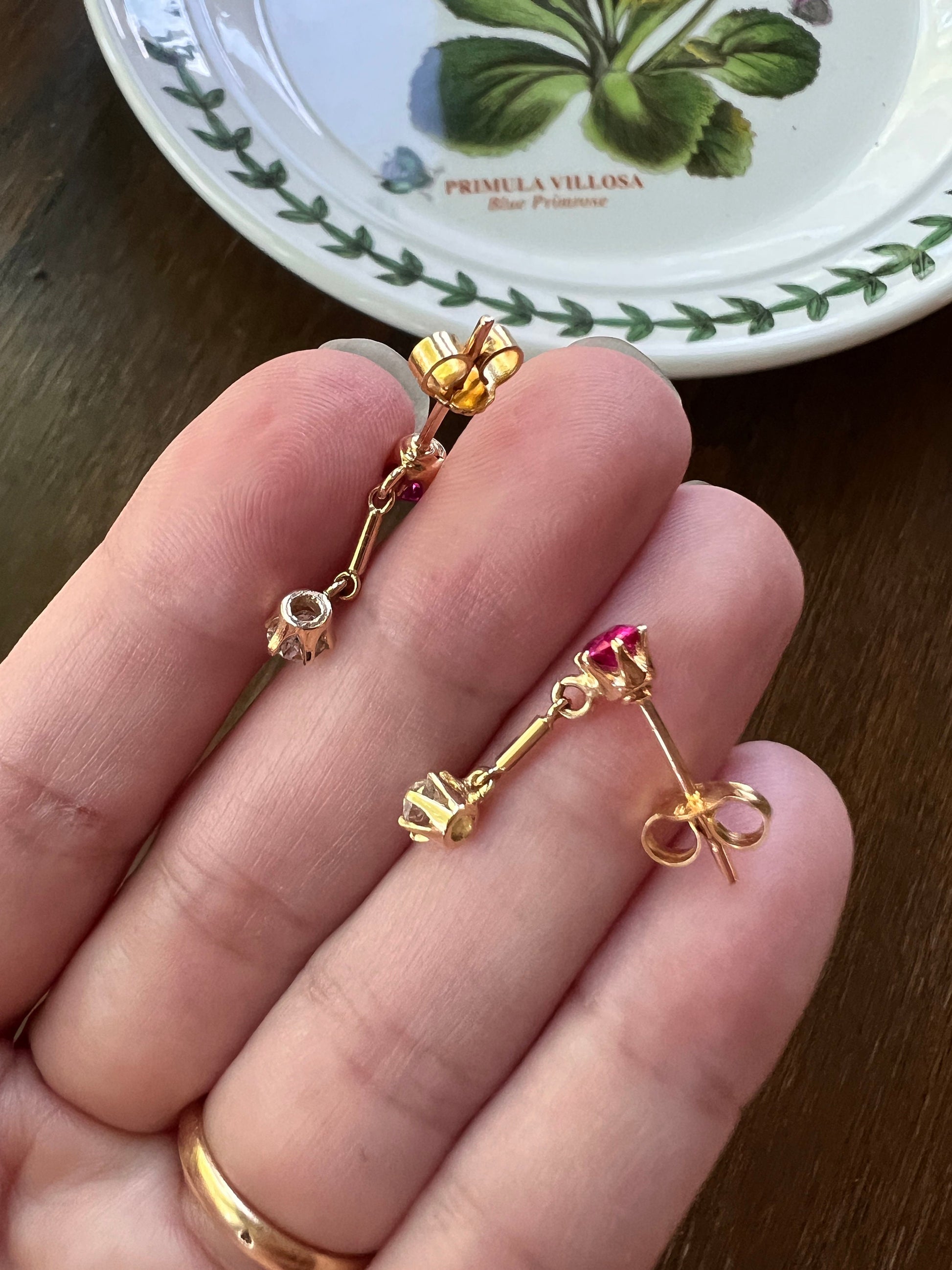 RUBY .6 Carat Old Mine Cut DIAMOND EARRINGS ANTiQUE 18k Gold Linear Dangle Dormeuse Victorian Pink Red .6Ctw Something Old Romantic Gift OmC