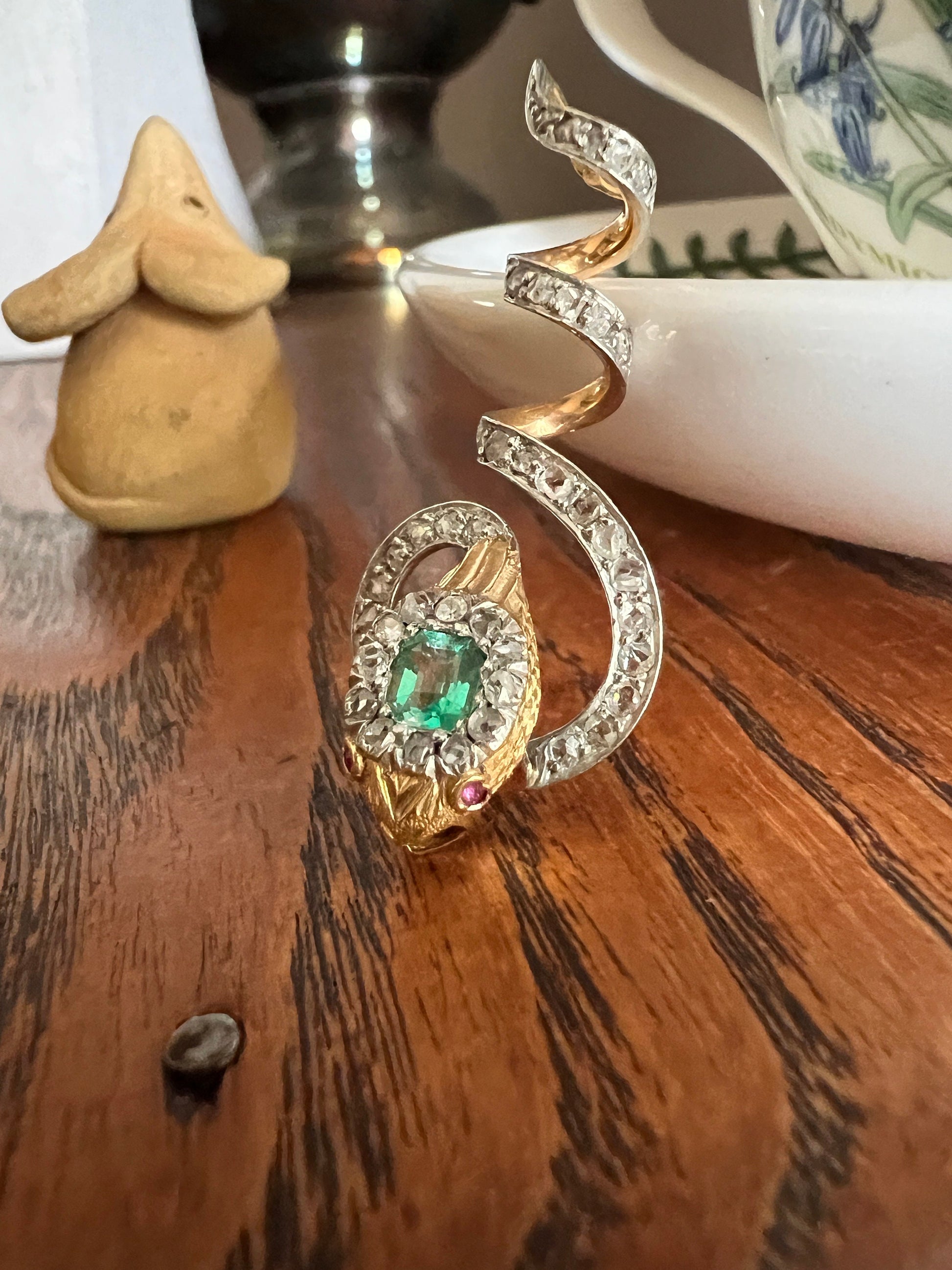 SNAKE French Antique 18k GOLD Platinum 42 Rose Cut DIAMOND Gem Encrusted Pendant Green Emerald Ruby Eyes Belle Epoque Figural Victorian Gift