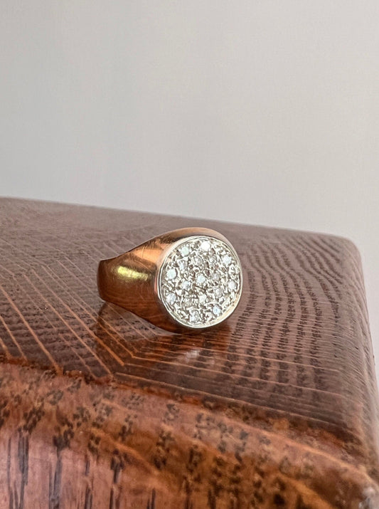 Pave French Vintage Diamond Encrusted Circle 18k Gold Signet Ring Chunky Wide Band Stacker Geometric Romantic Gift Flat Top Cobblestone