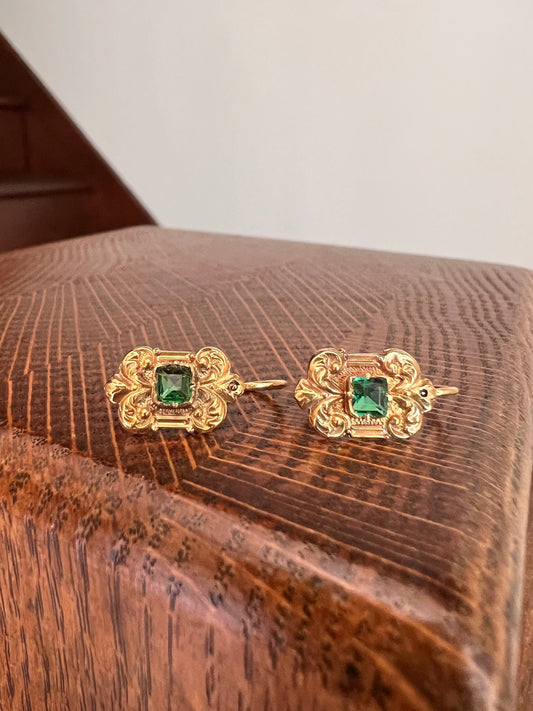 French Victorian ANTIQUE Emerald GREEN Paste Dormeuse Dangle Earrings 18k GOLD Ornate Swirled Shield Dainty Bridal Something Old Love Gift