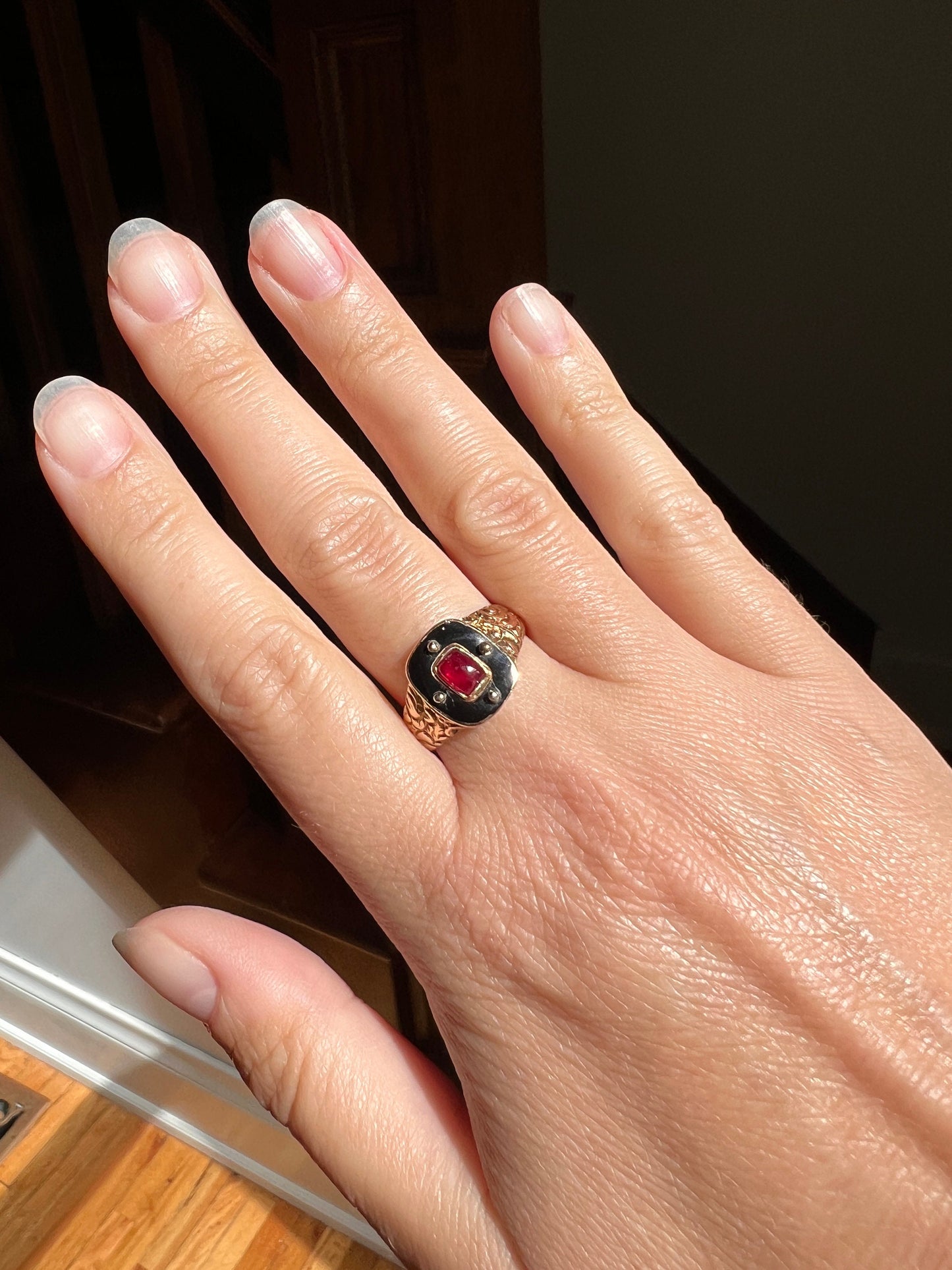 GEORGIAN Era Antique Ruby DATED 1818 Black Enamel Halo Rivets FLORAL Ring 14k Gold Bullseye Cabochon Embossed Mourning Band Red Victorian