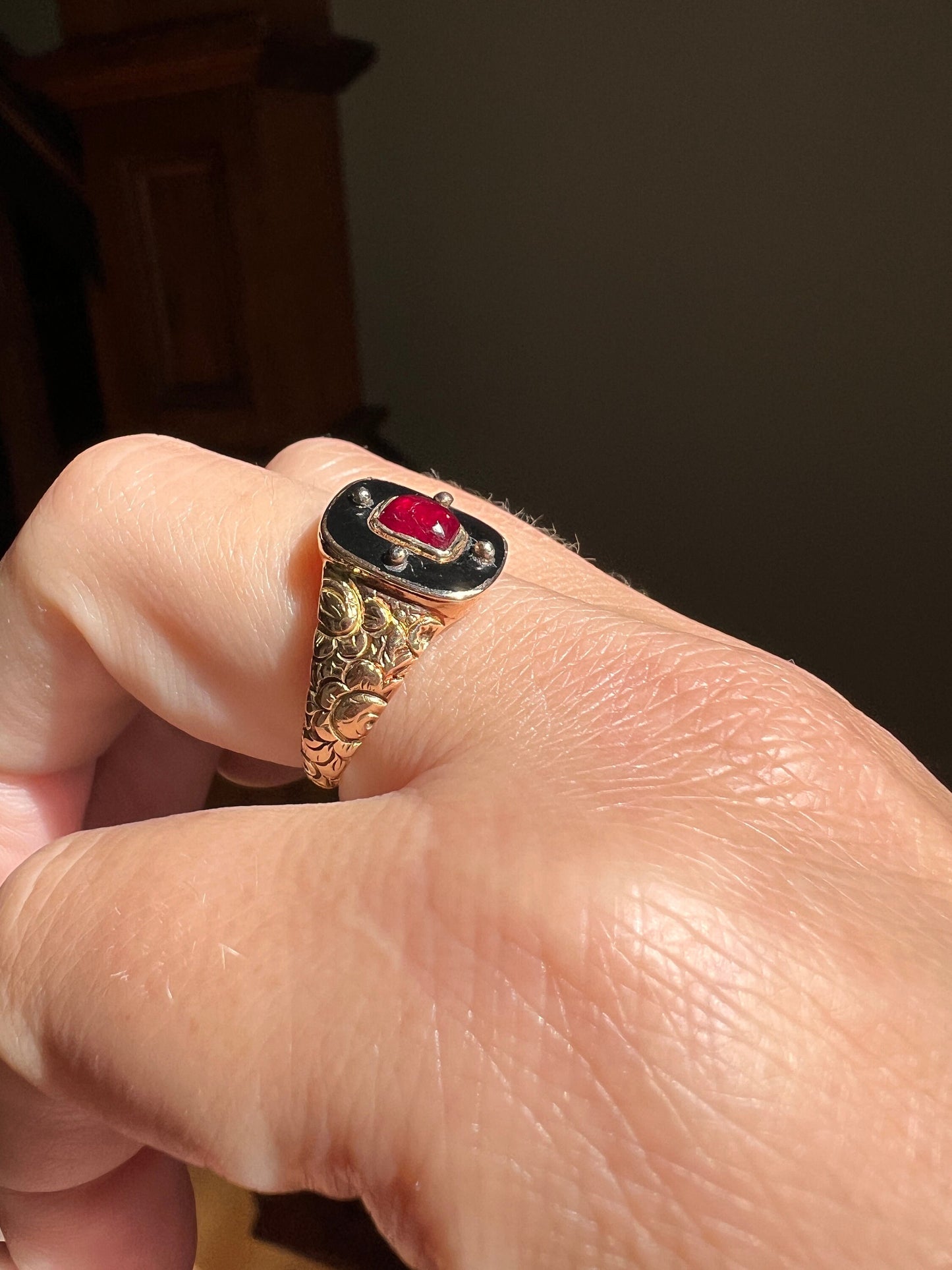 GEORGIAN Era Antique Ruby DATED 1818 Black Enamel Halo Rivets FLORAL Ring 14k Gold Bullseye Cabochon Embossed Mourning Band Red Victorian